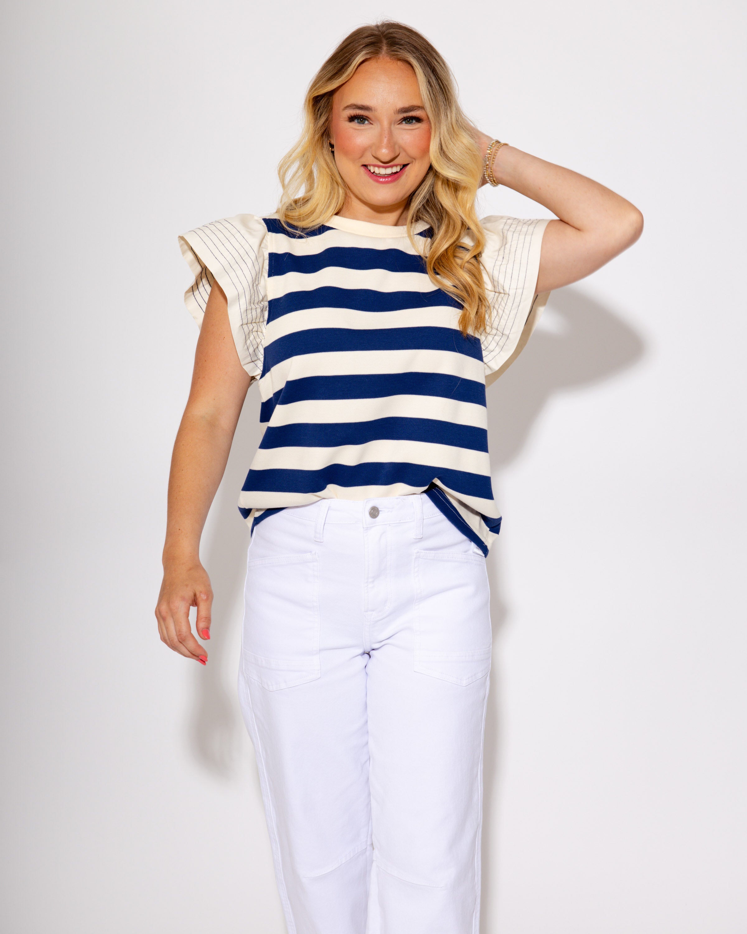 Stripe Pop Flutter Sleeve Top in Royal Blue