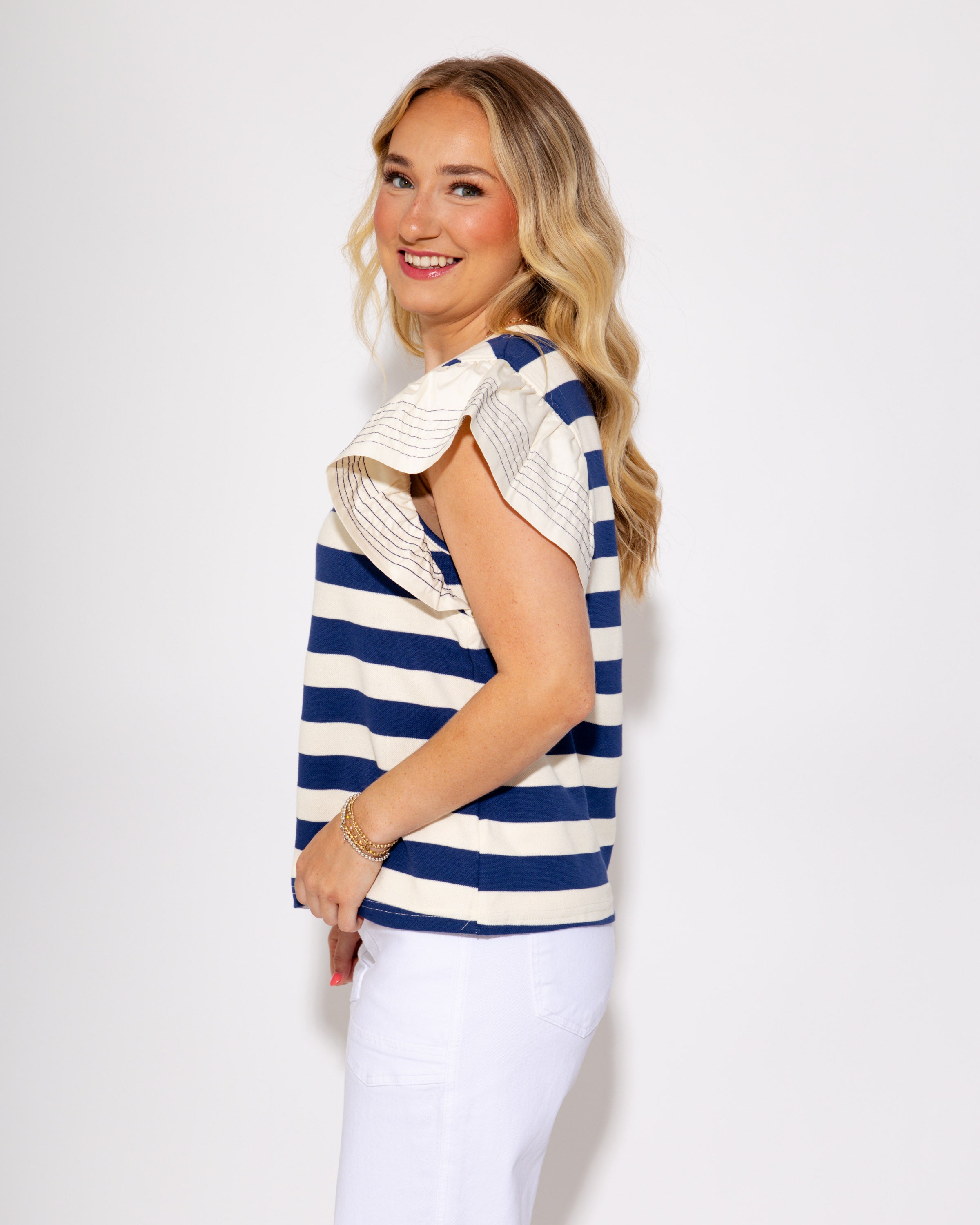 Stripe Pop Flutter Sleeve Top in Royal Blue