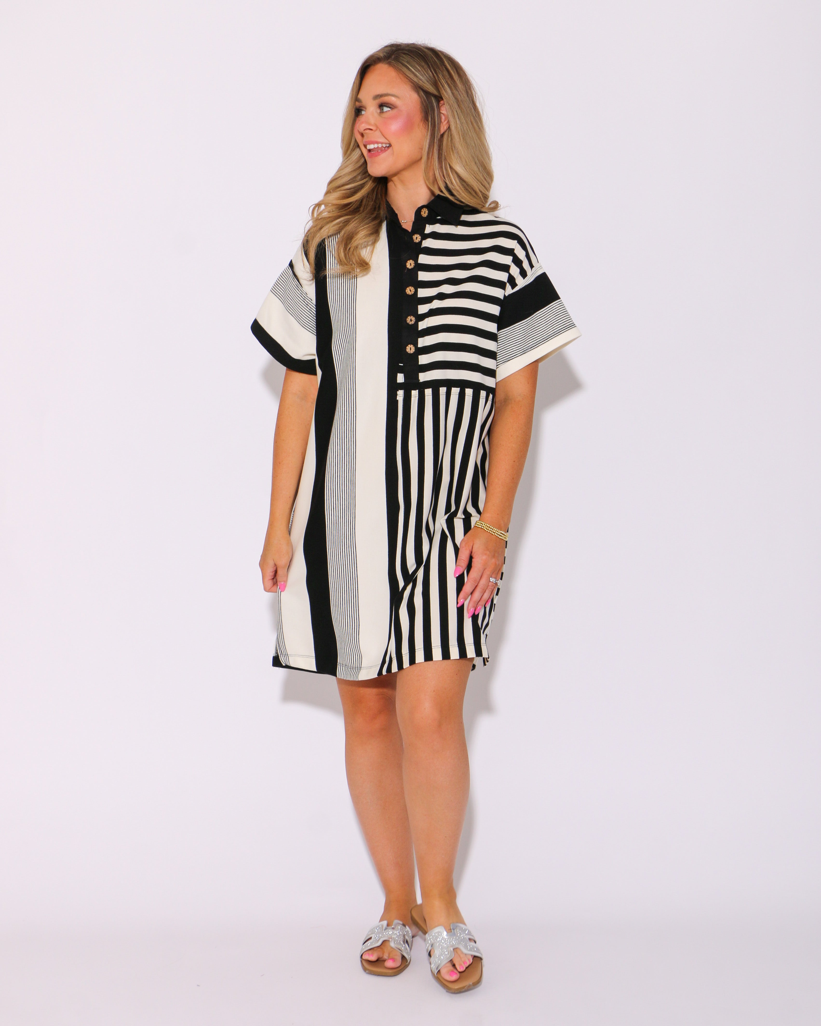 The Mixed Line Mini Dress in Black