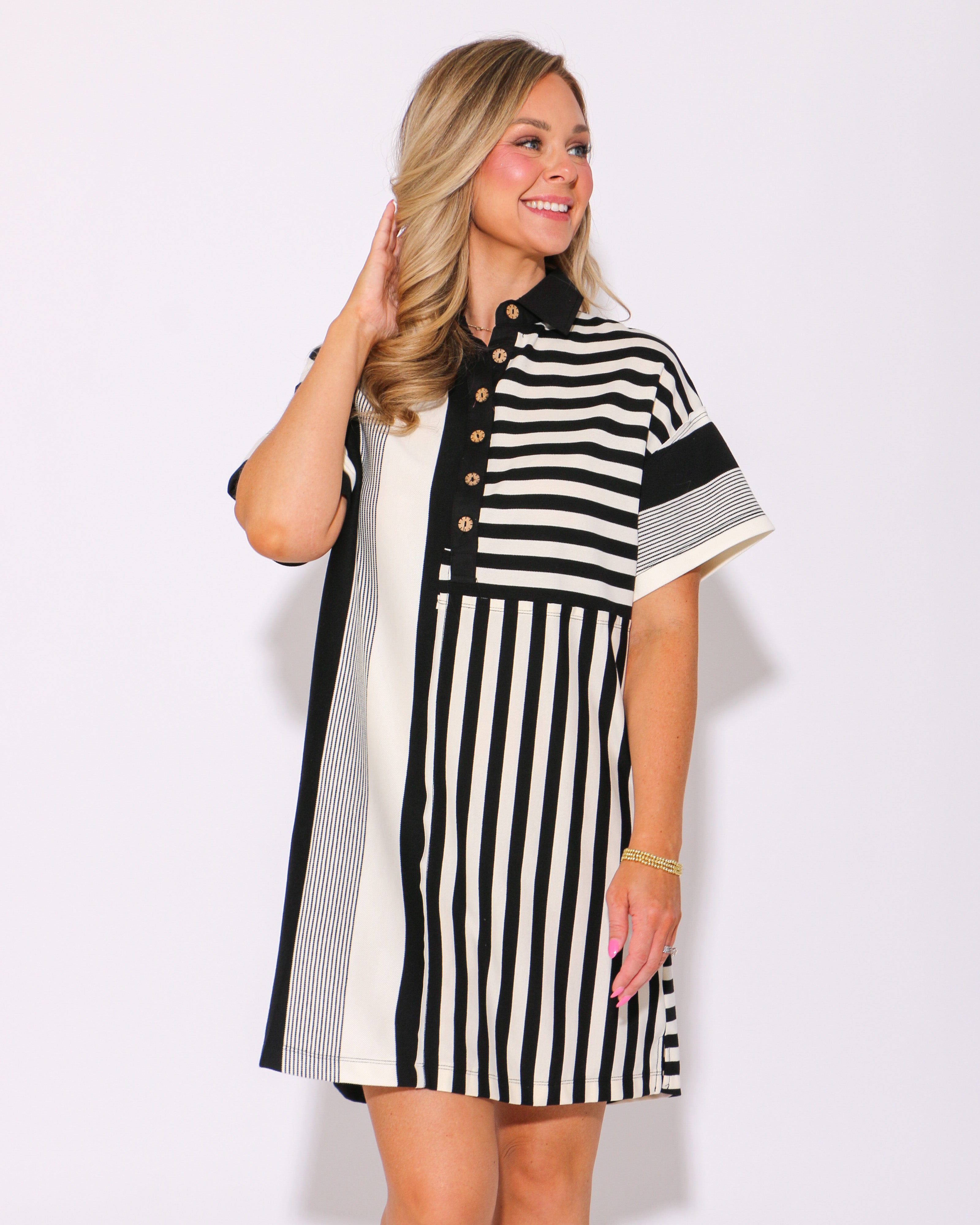The Mixed Line Mini Dress in Black