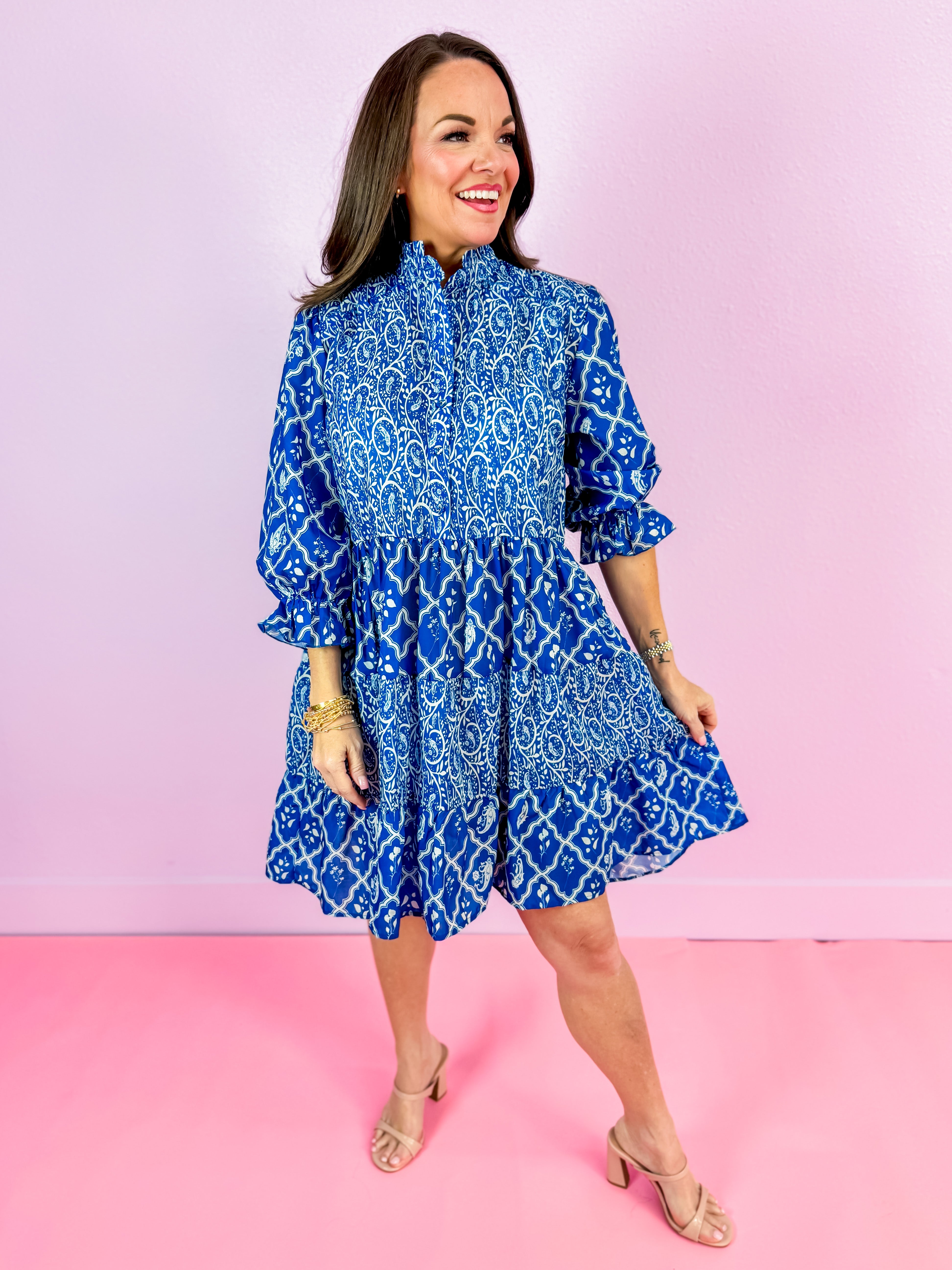 Blue Mixed Print A-Line Mini Tiered Dress