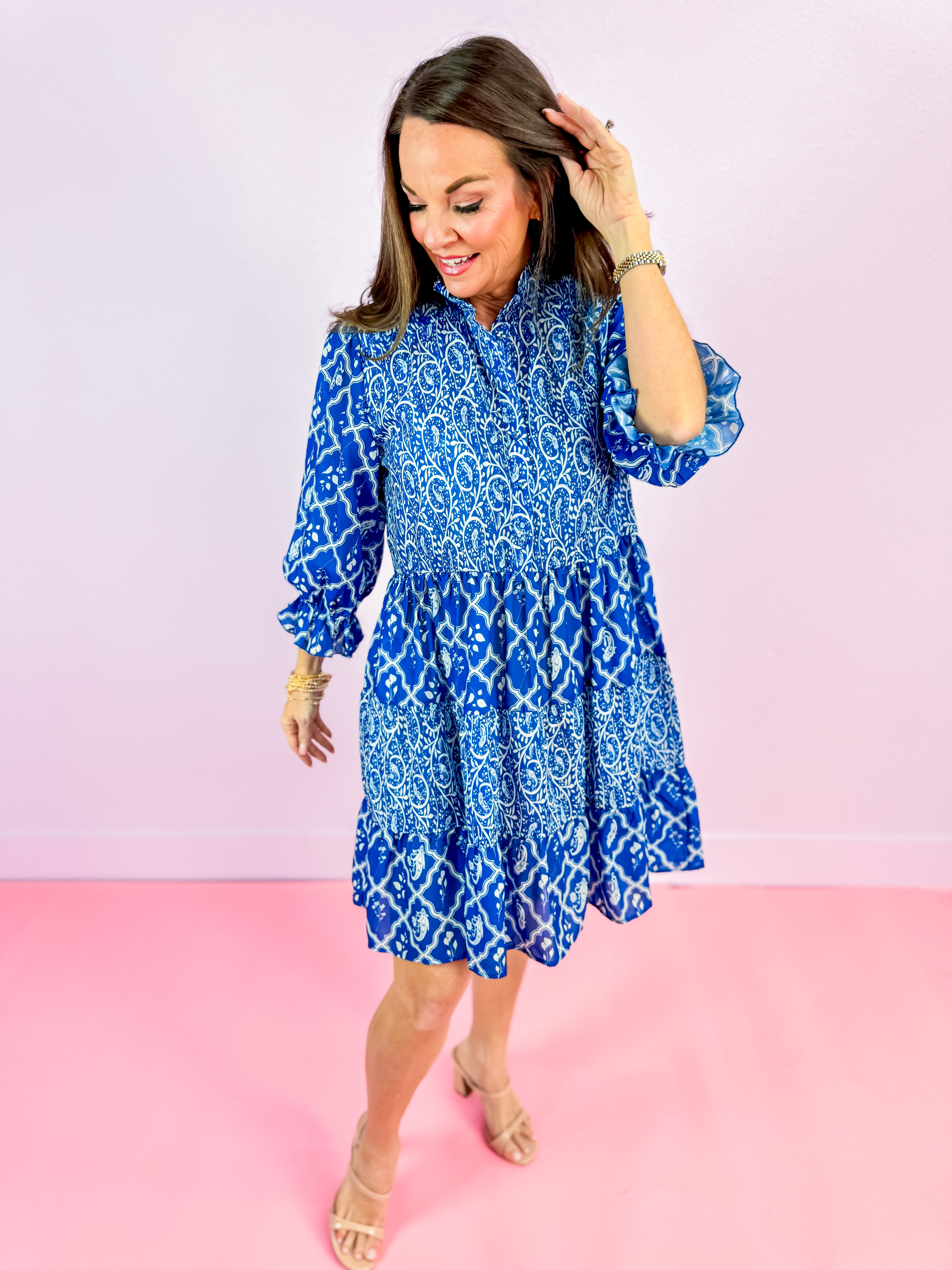 Blue Mixed Print A-Line Mini Tiered Dress