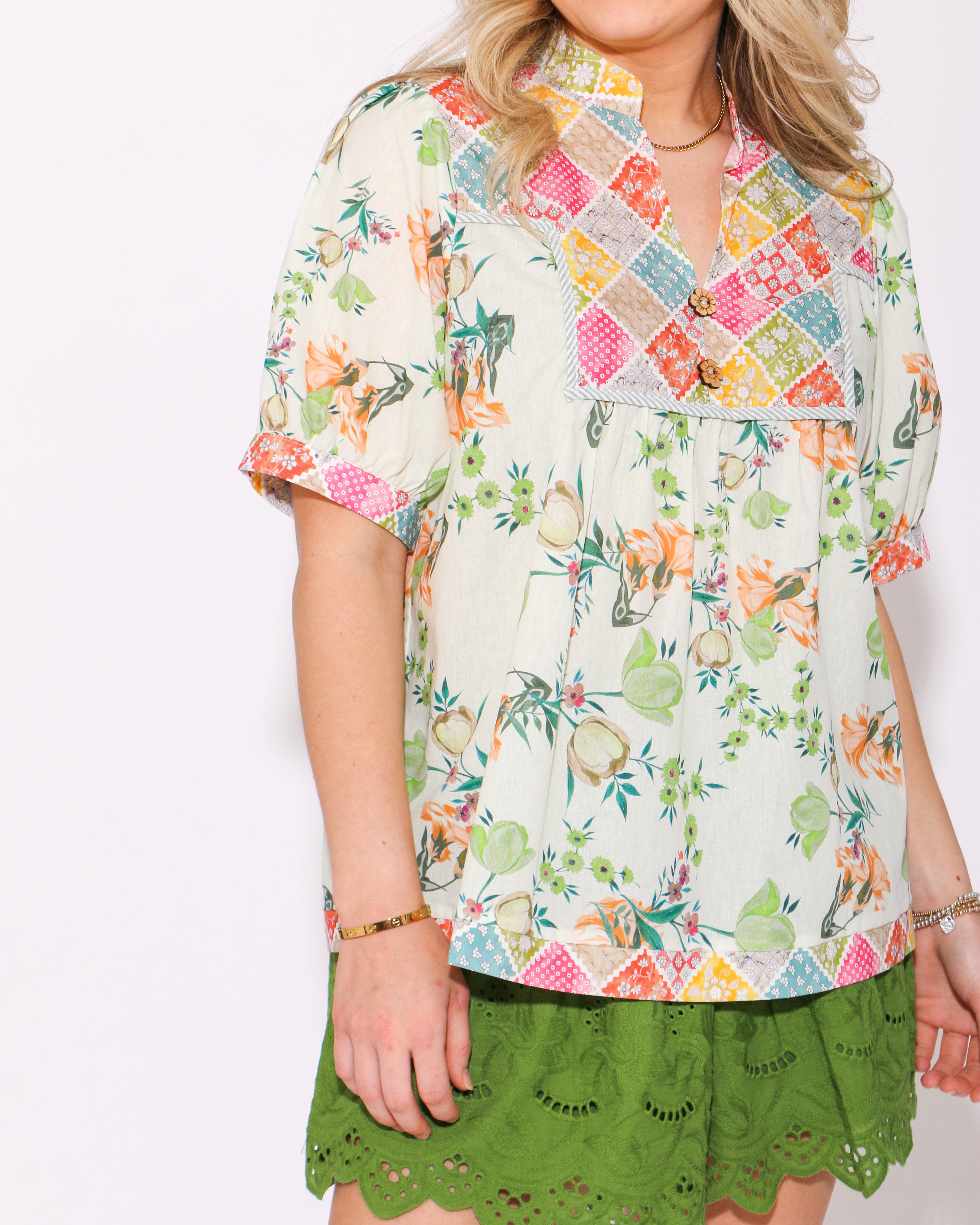 Mixed Print Puff Sleeve Top