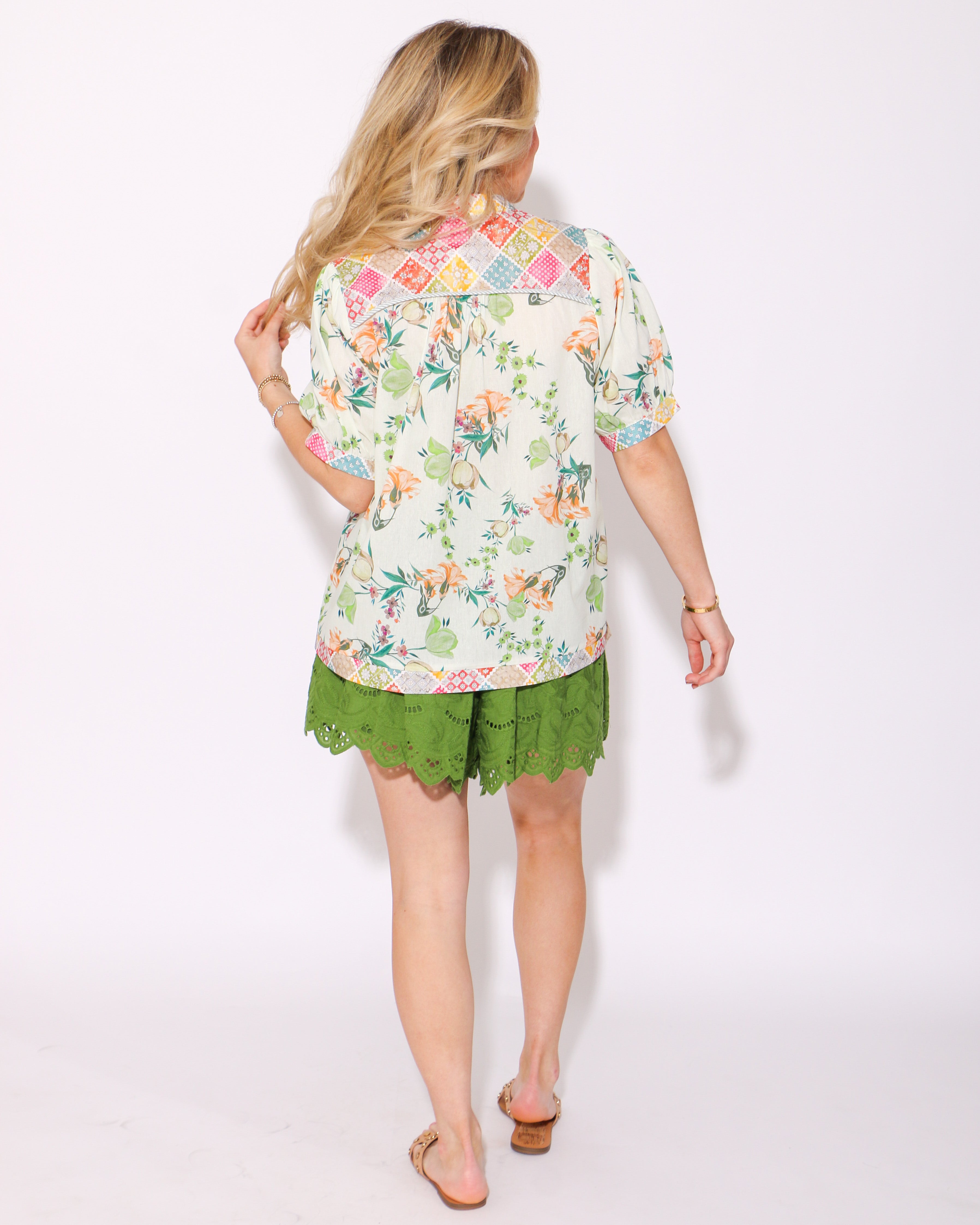 Mixed Print Puff Sleeve Top