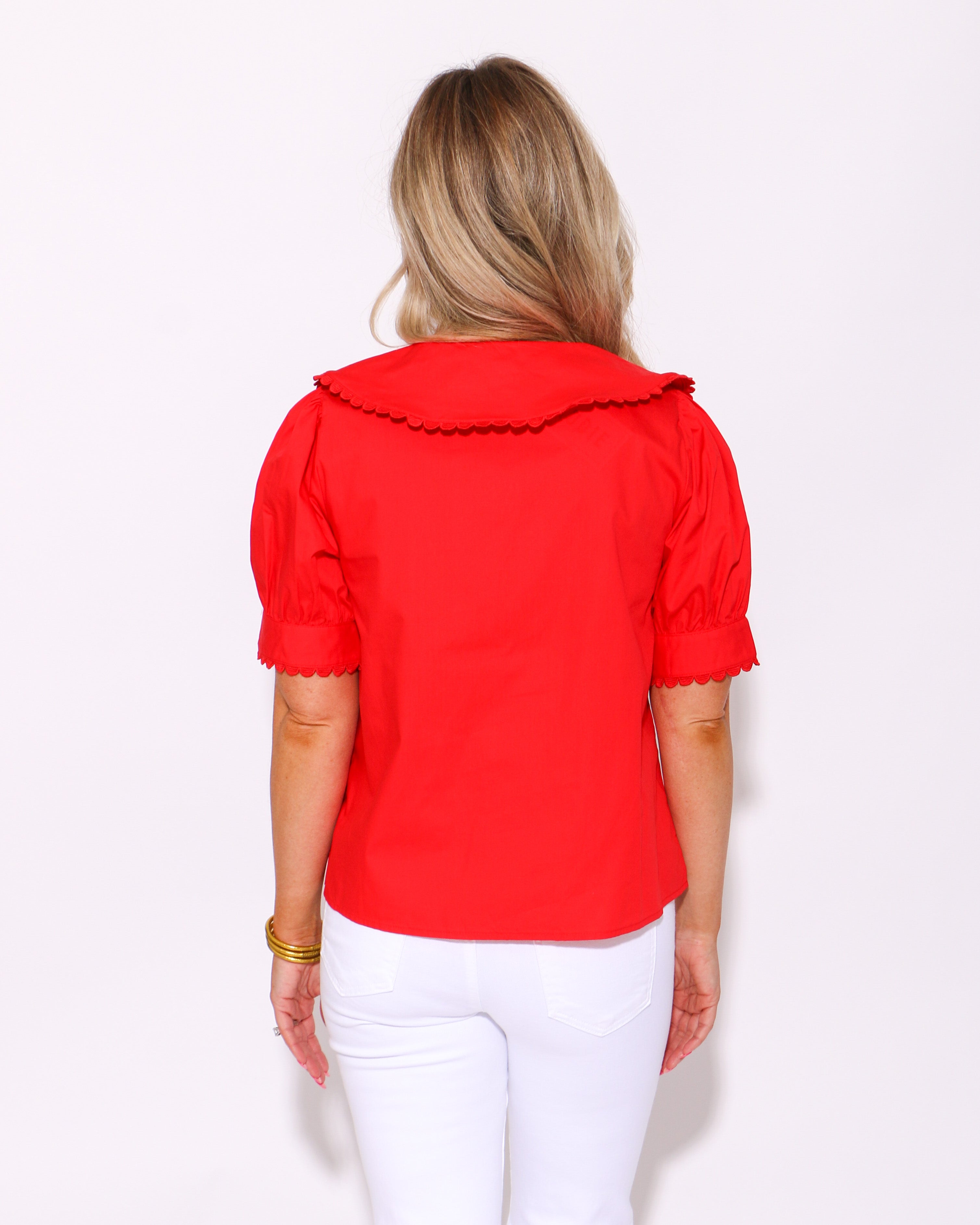 Scalloped Whimsy Red Button Up Top