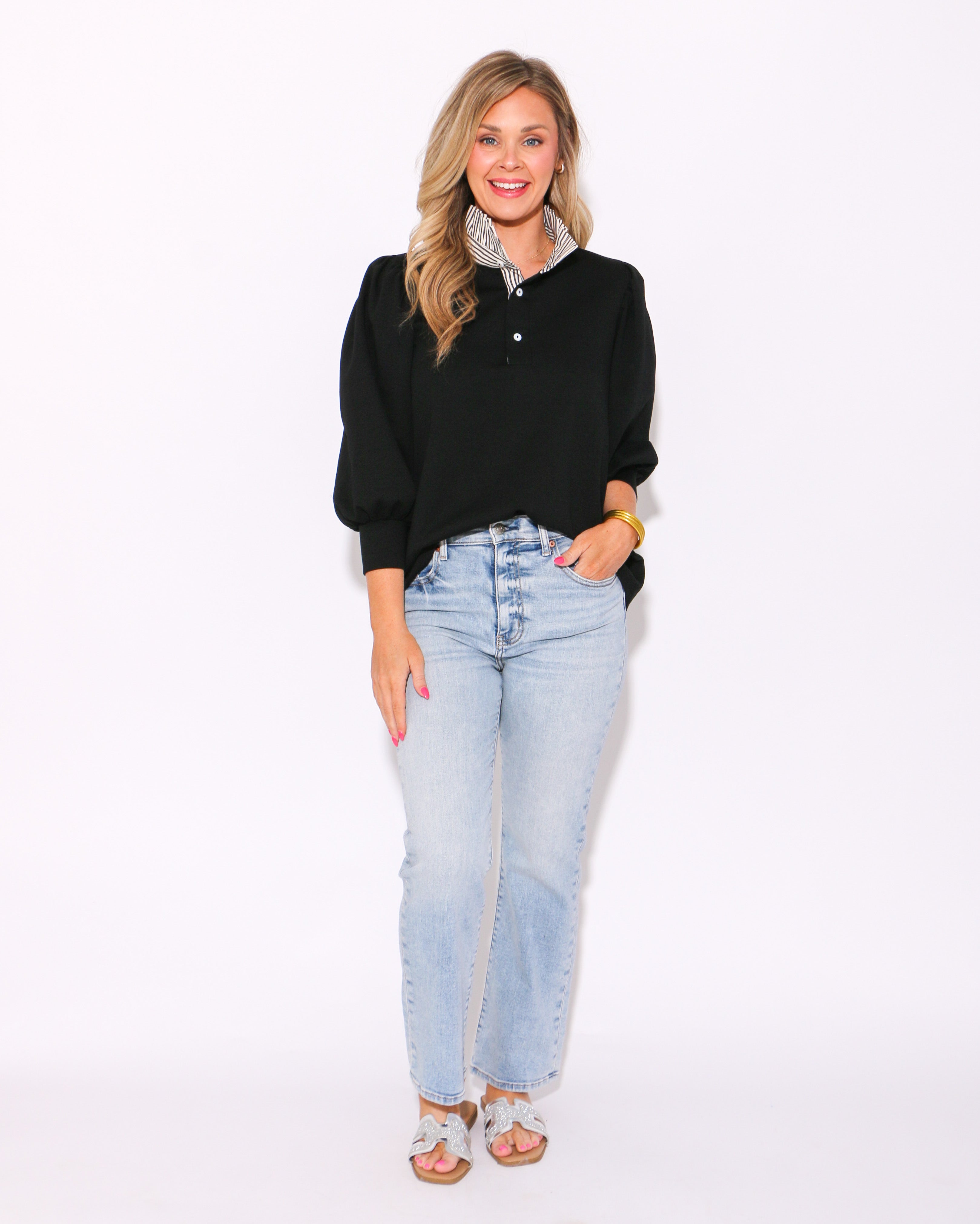 Black Balloon Sleeve Popover Top
