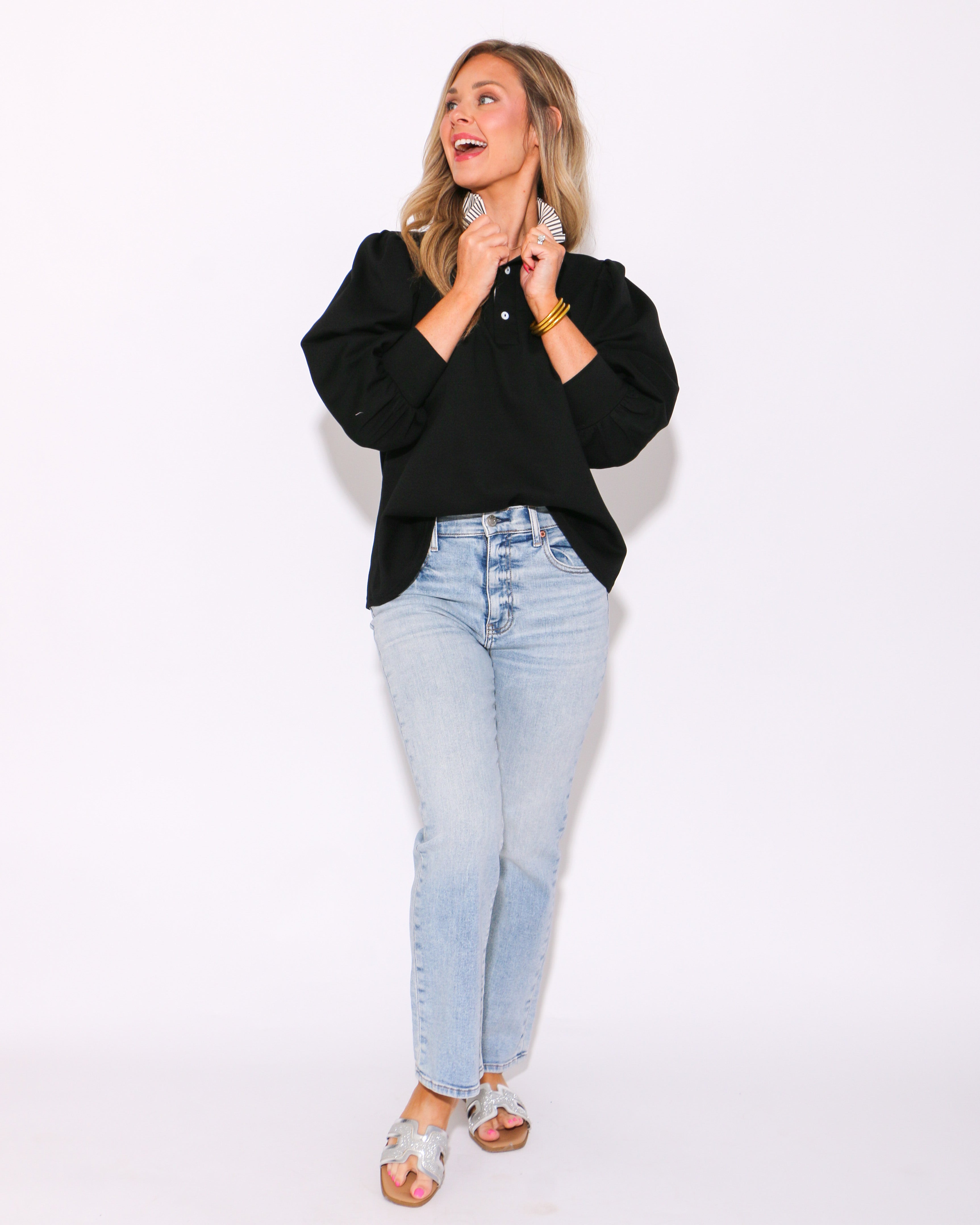 Black Balloon Sleeve Popover Top