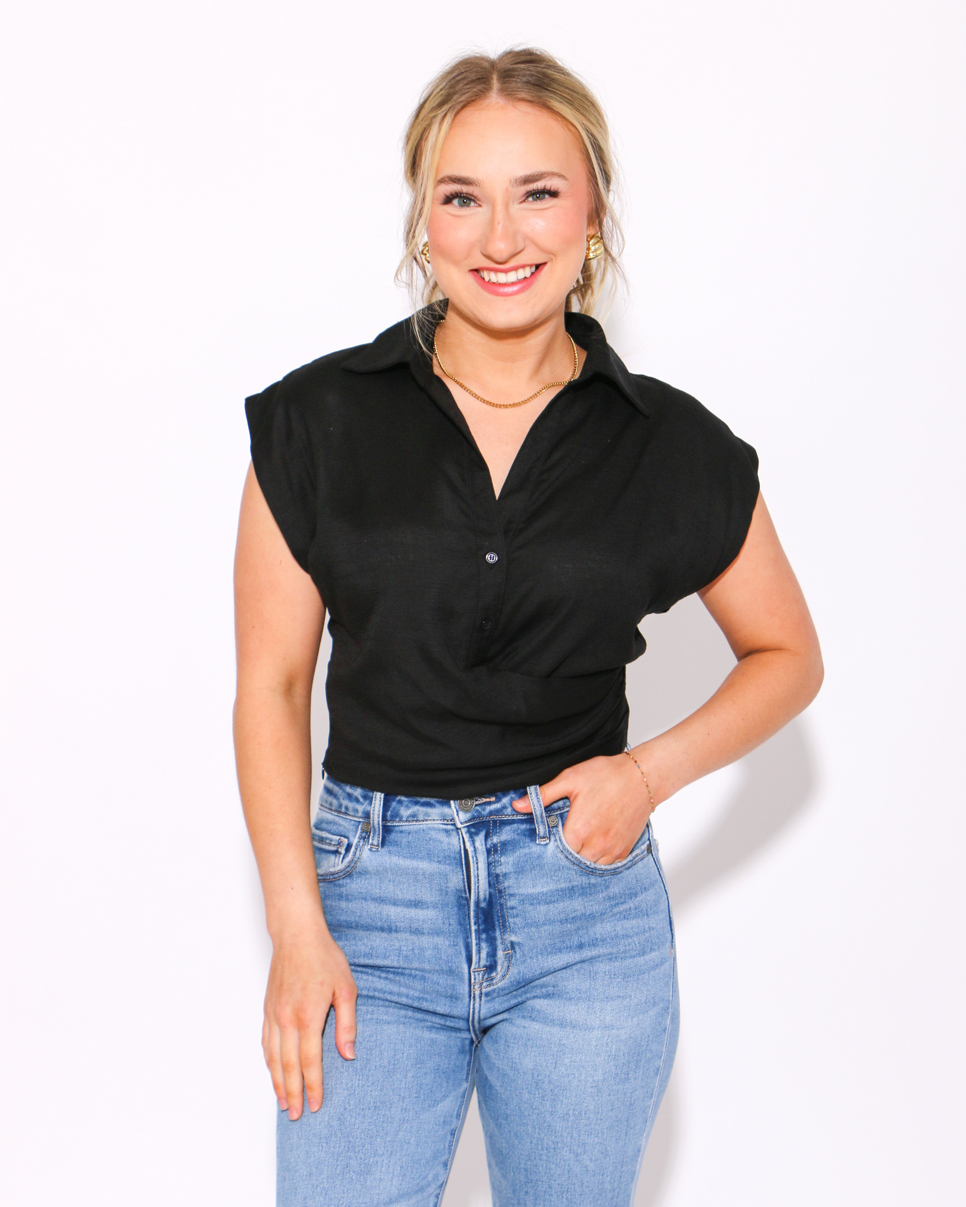 The Collared Wrap Top in Black