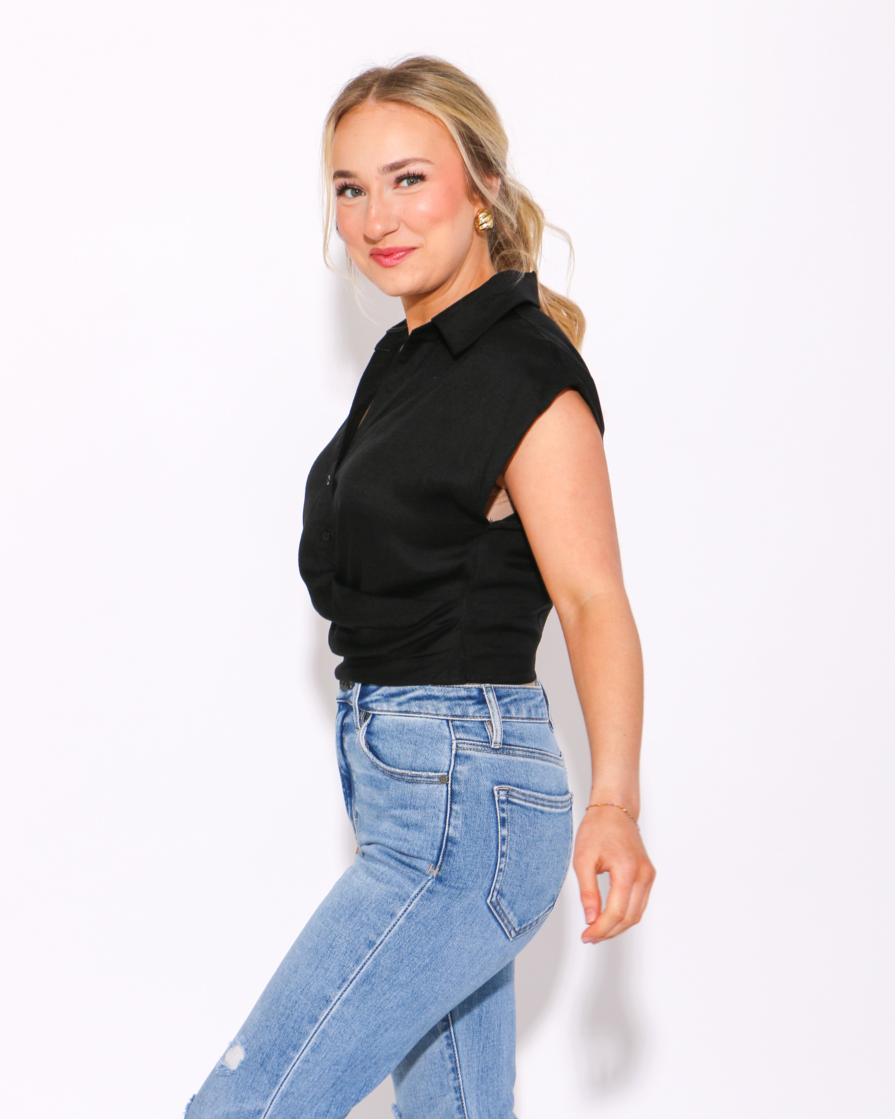 The Collared Wrap Top in Black