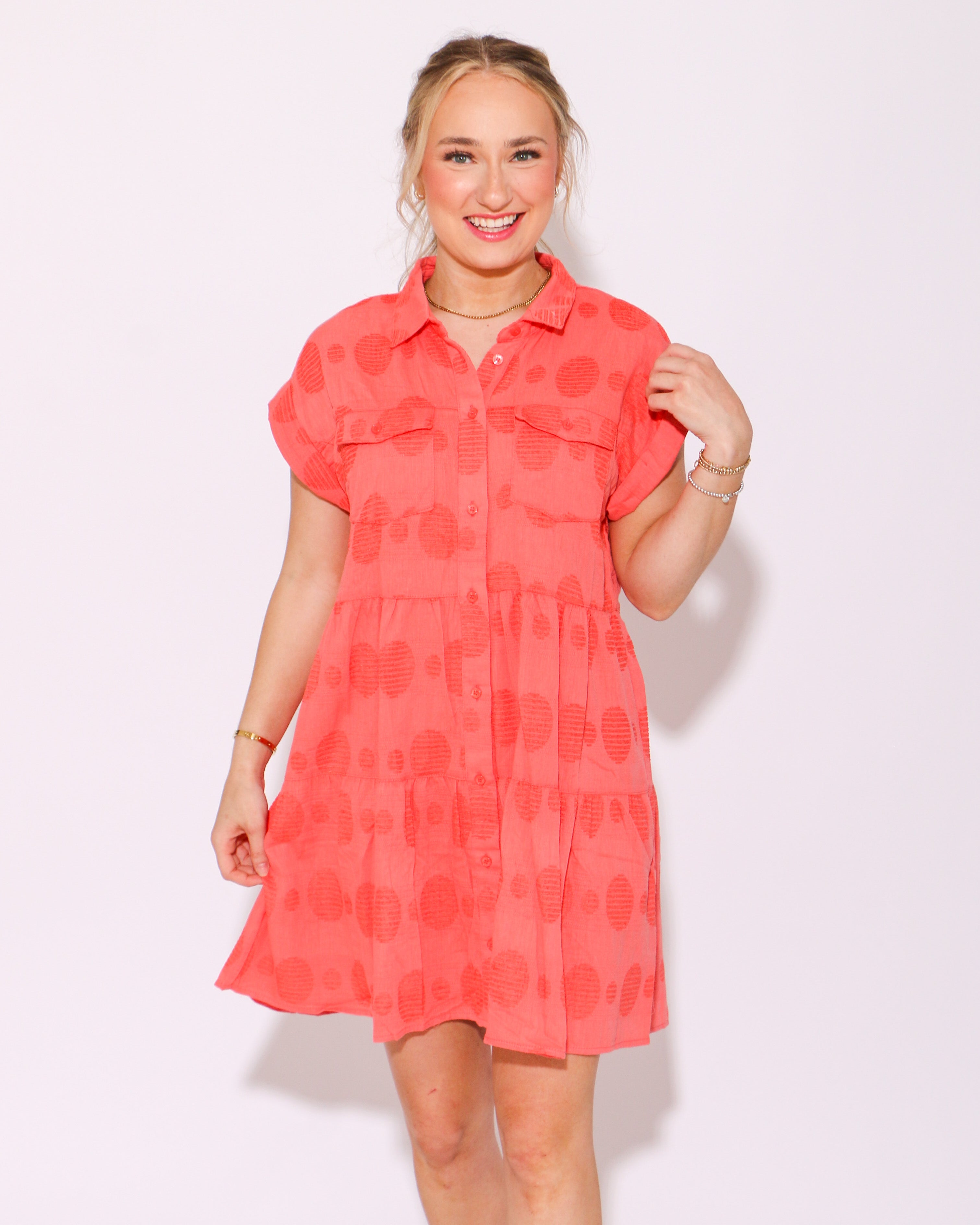 Dot and Dainty Button Down Dress in Coral