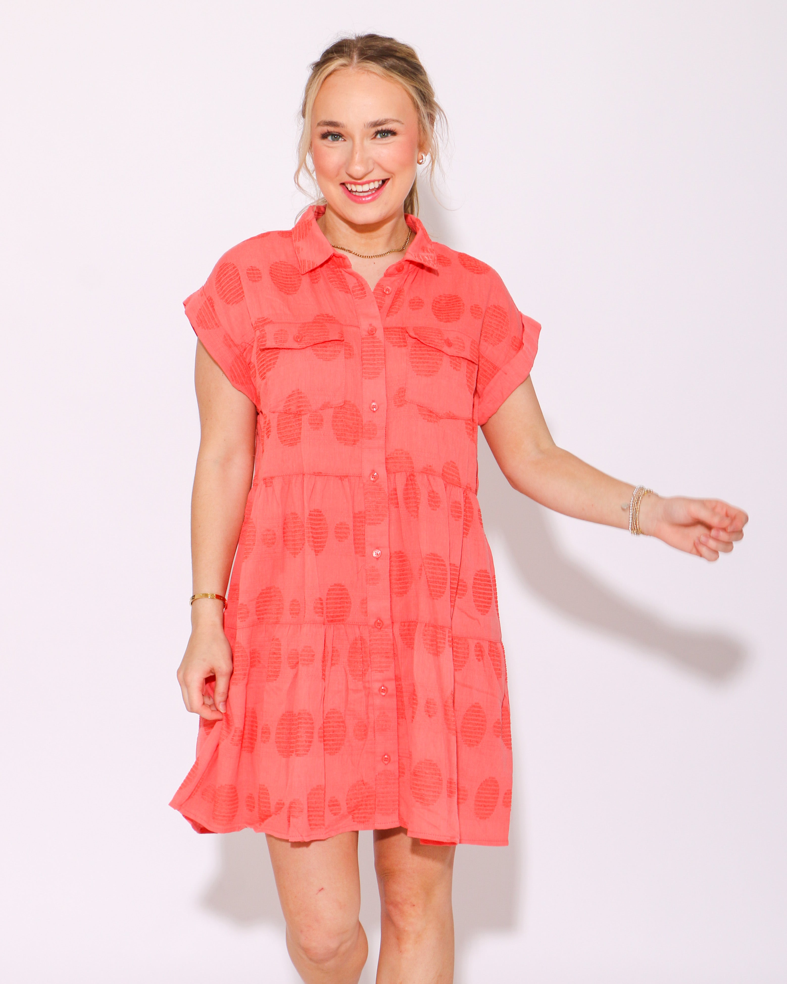 Dot and Dainty Button Down Dress in Coral