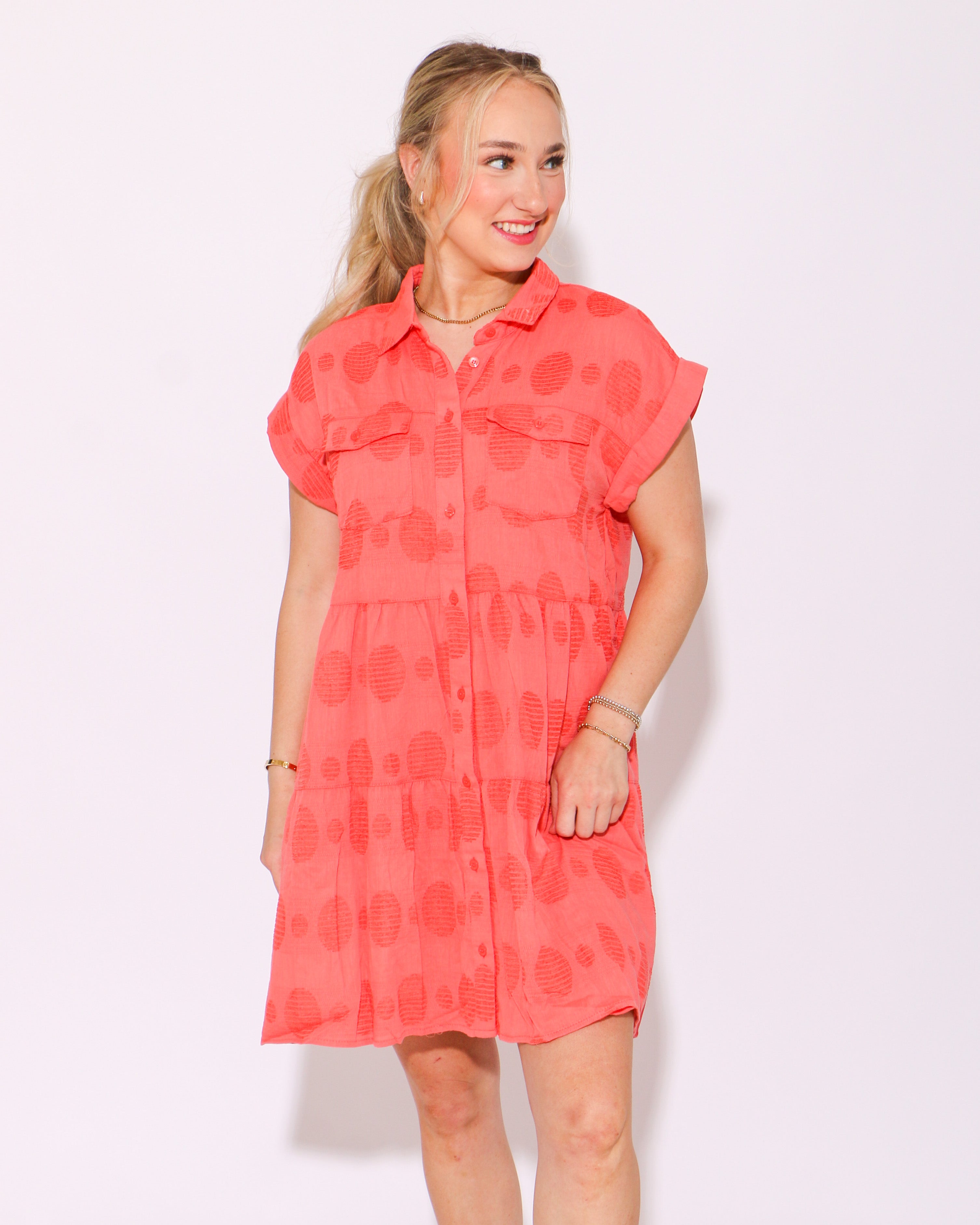 Dot and Dainty Button Down Dress in Coral