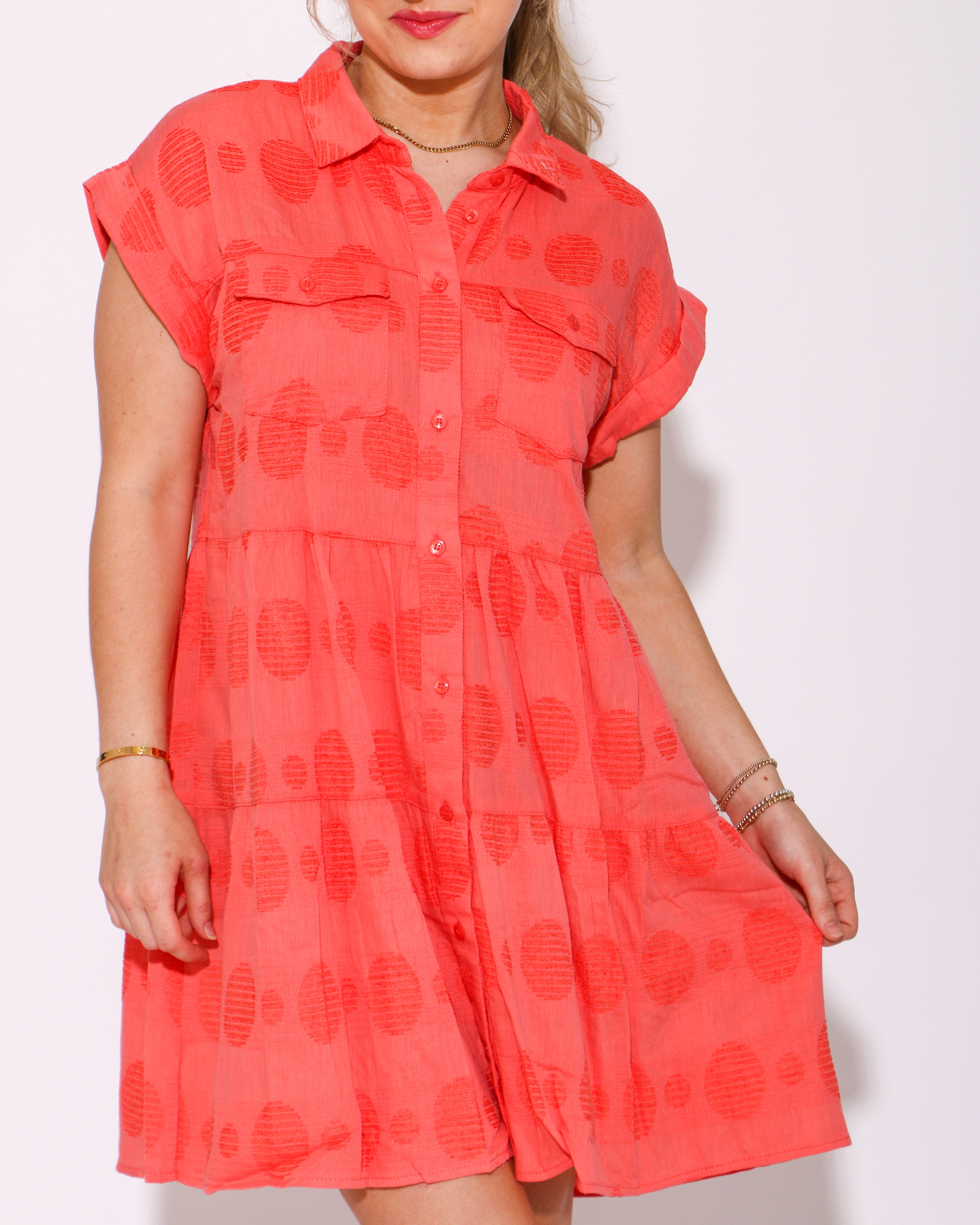 Dot and Dainty Button Down Dress in Coral