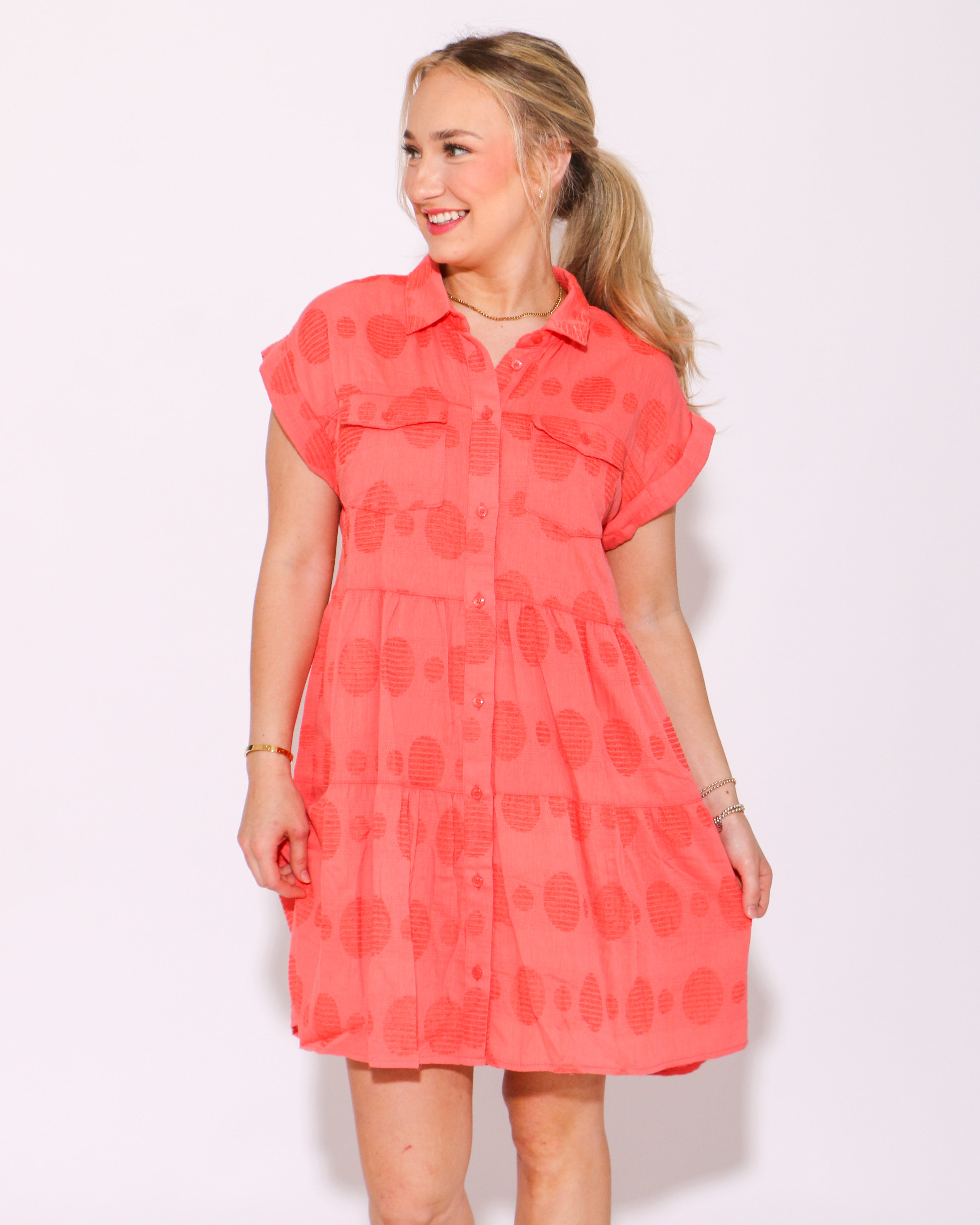 Dot and Dainty Button Down Dress in Coral