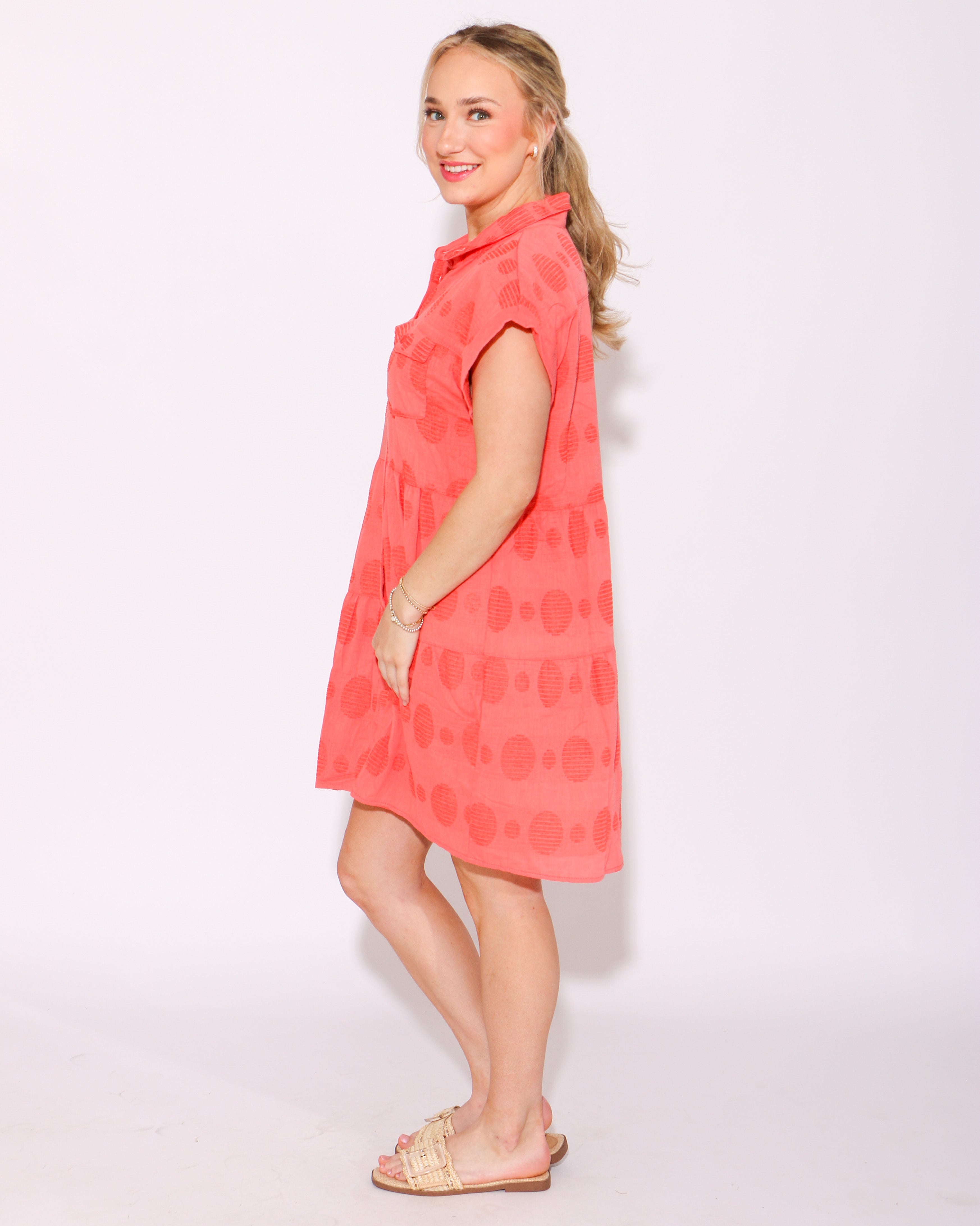 Dot and Dainty Button Down Dress in Coral