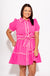 Pink puff sleeve scallop trim babydoll dress with button-down front and waist tie, women's boutique dress at Gaudie & Co