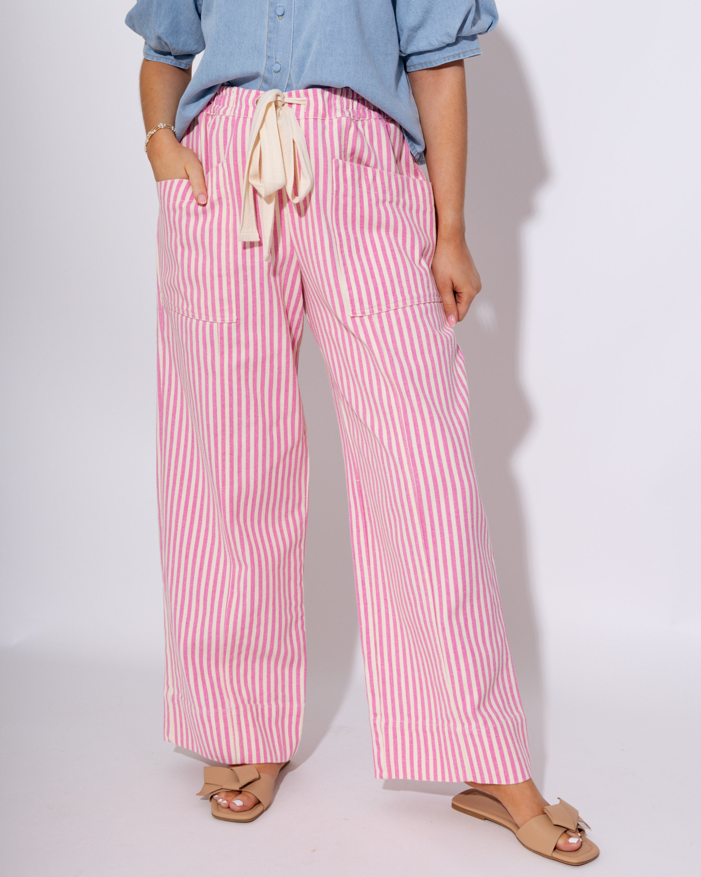 Summer Stripe Drawstring Pants in Pink/Ivory