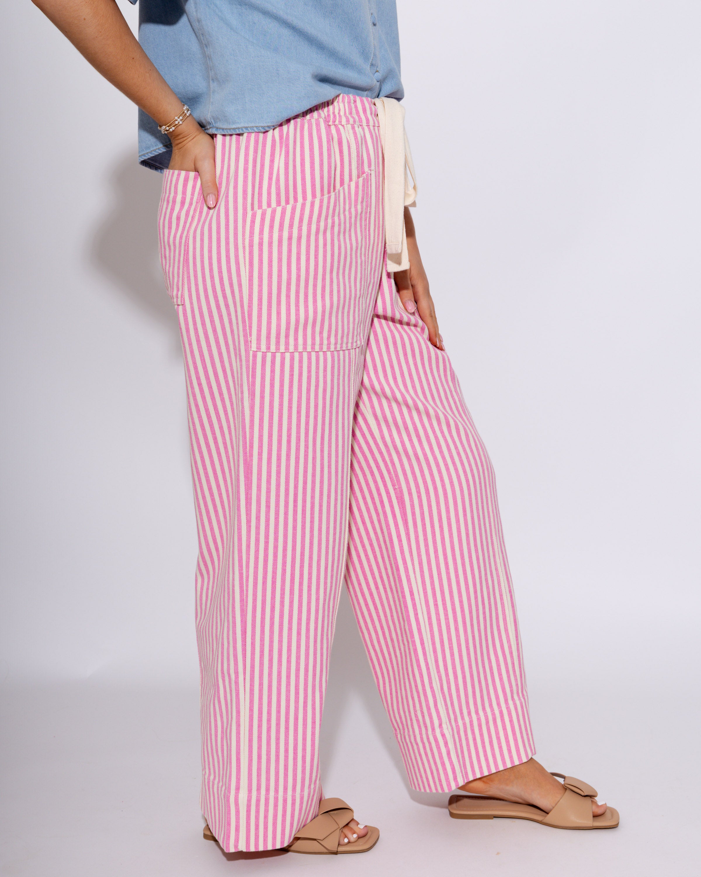 Summer Stripe Drawstring Pants in Pink/Ivory
