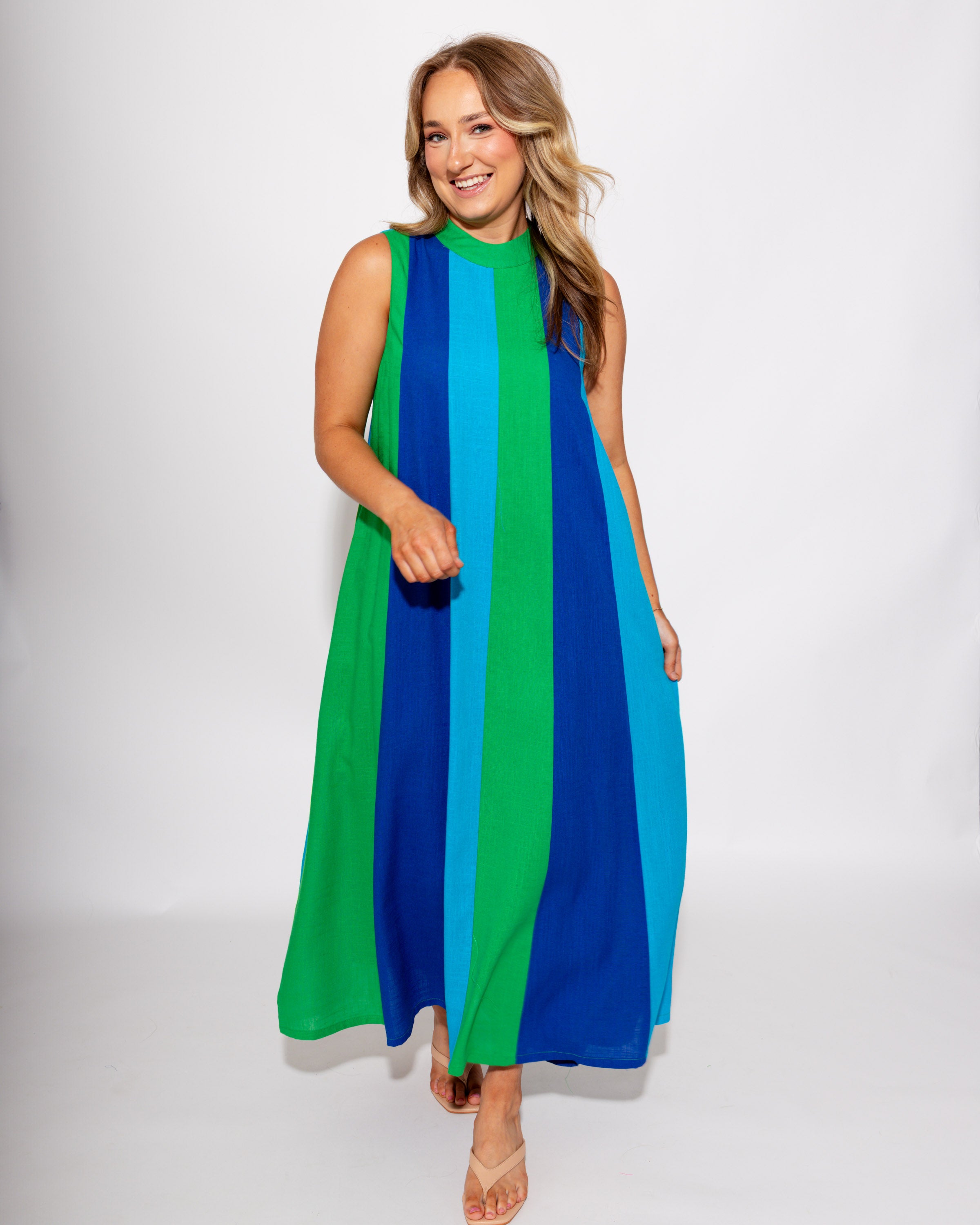 Green Navy Blue Colorblock Sleeveless Midi Dress - THML - Gaudie & Co. TX Boutique