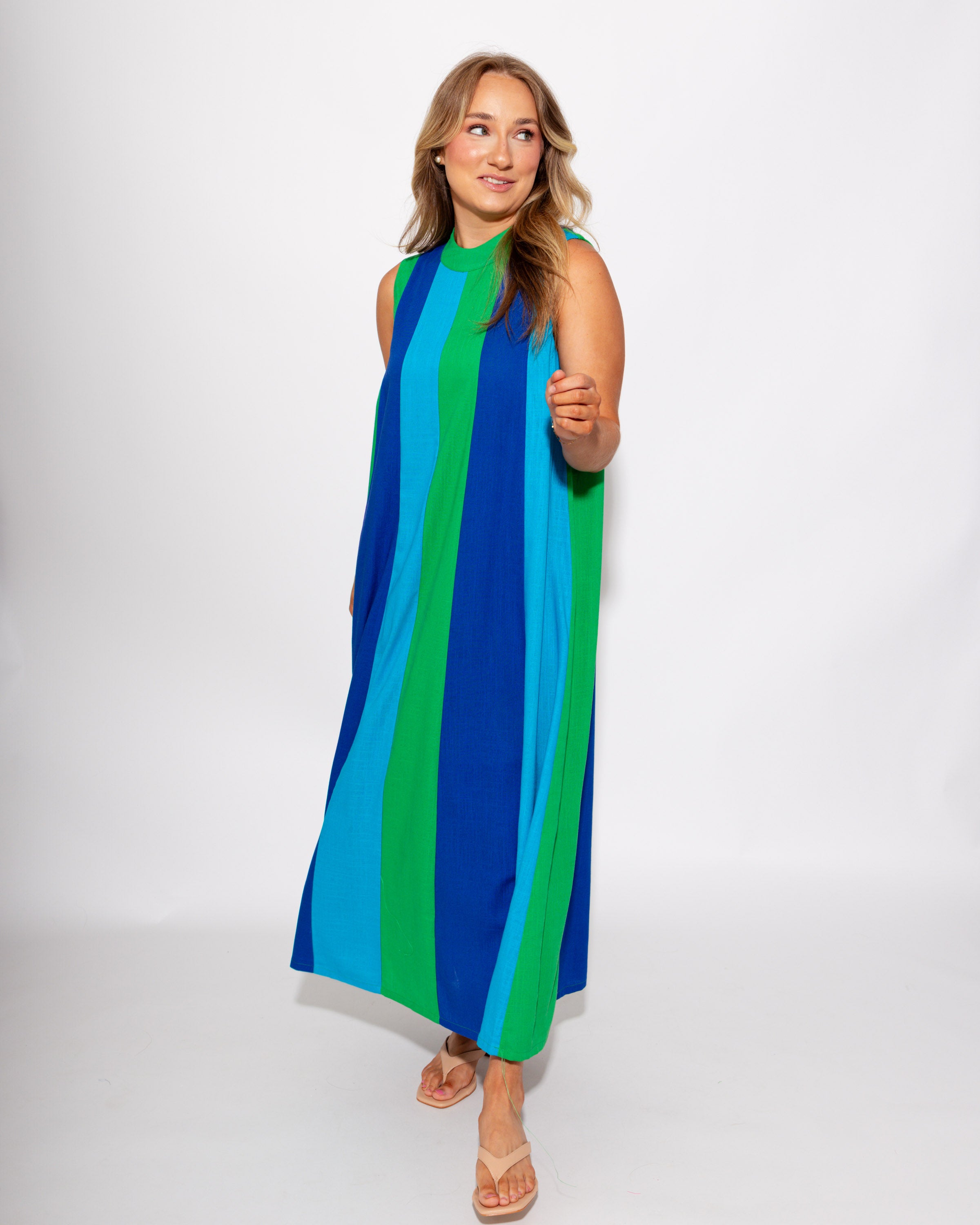 Green Navy Blue Colorblock Sleeveless Midi Dress - THML - Gaudie & Co. TX Boutique