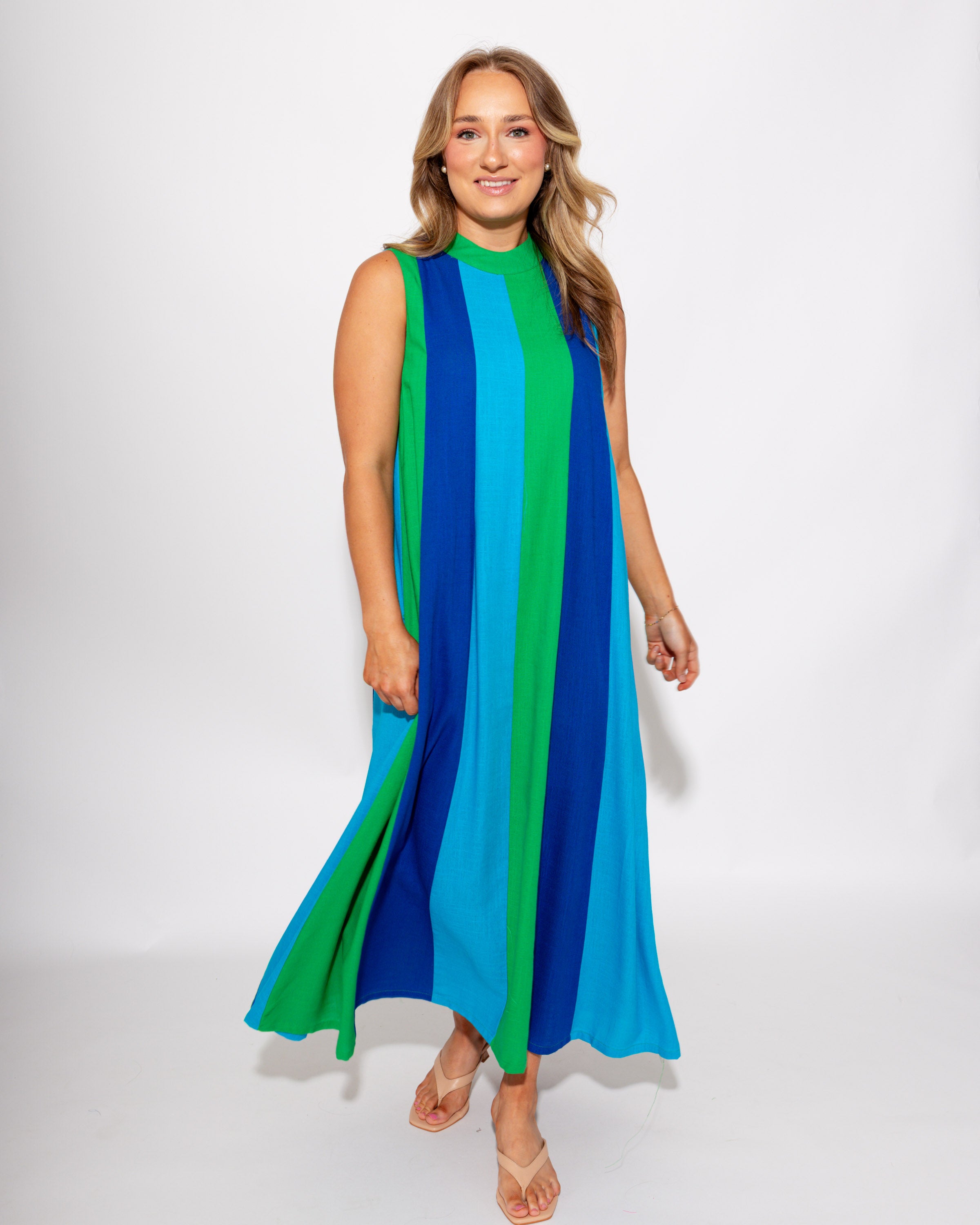 Green Navy Blue Colorblock Sleeveless Midi Dress - THML - Gaudie & Co. TX Boutique