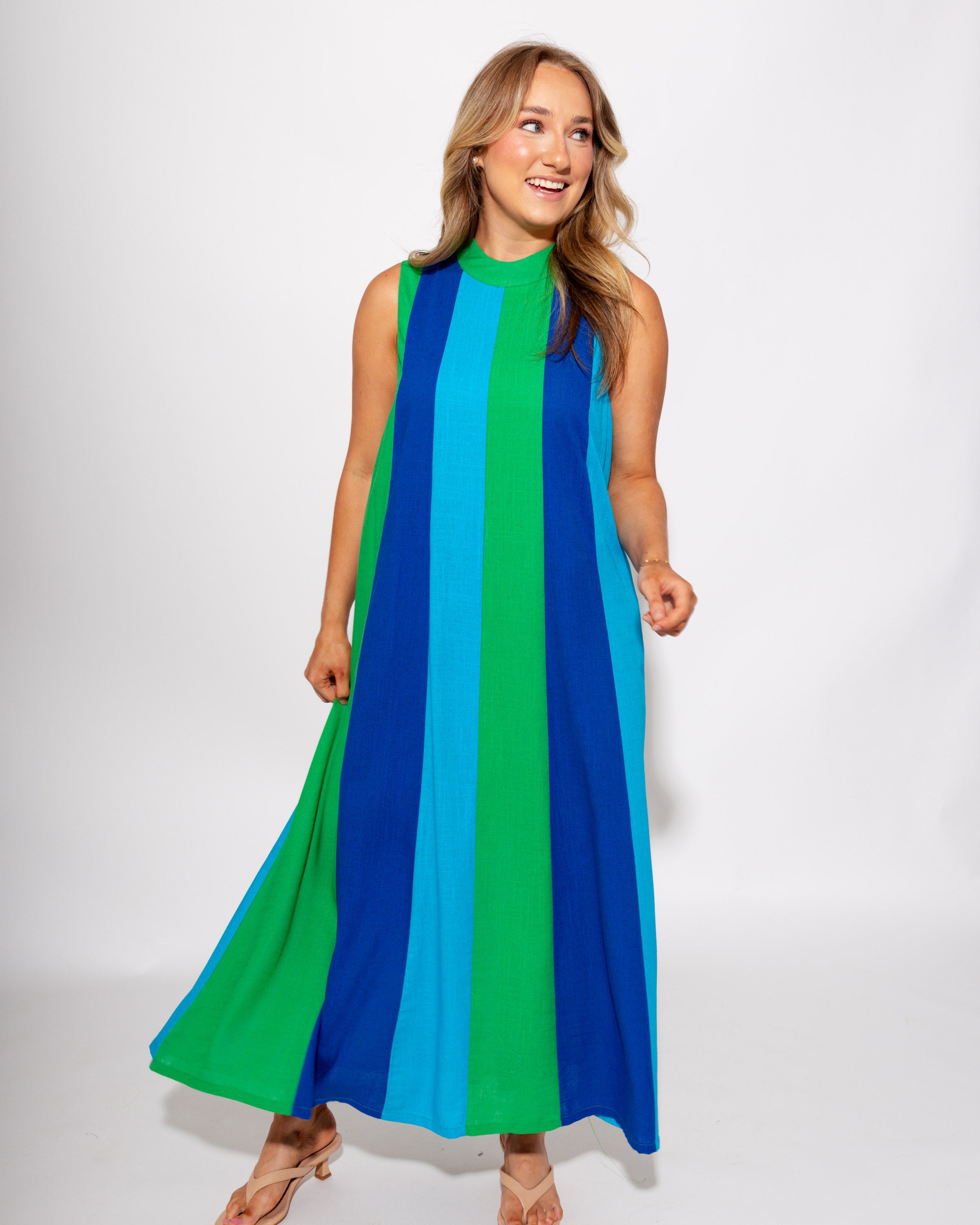 Green Navy Blue Colorblock Sleeveless Midi Dress - THML - Gaudie & Co. TX Boutique