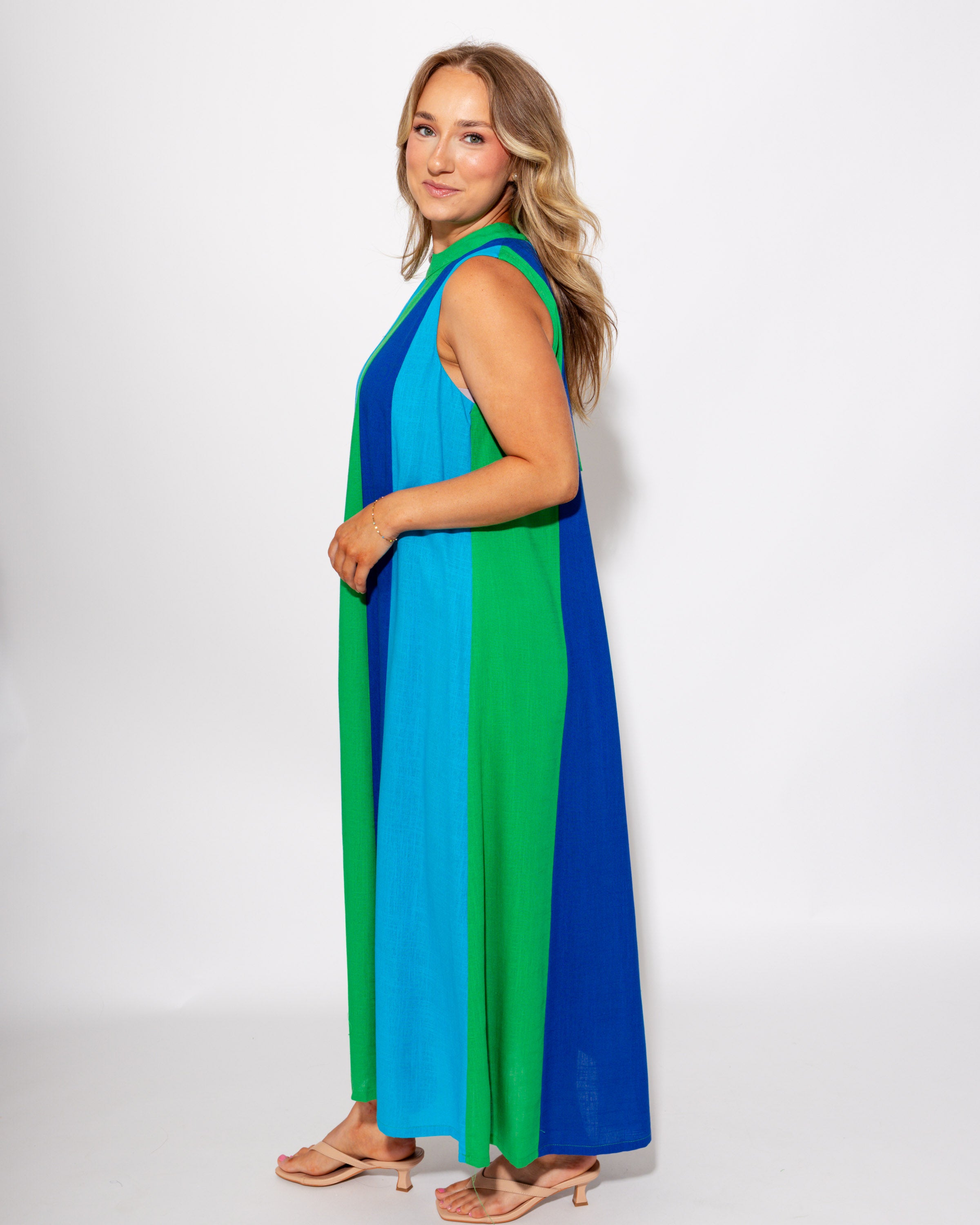 Green Navy Blue Colorblock Sleeveless Midi Dress - THML - Gaudie & Co. TX Boutique