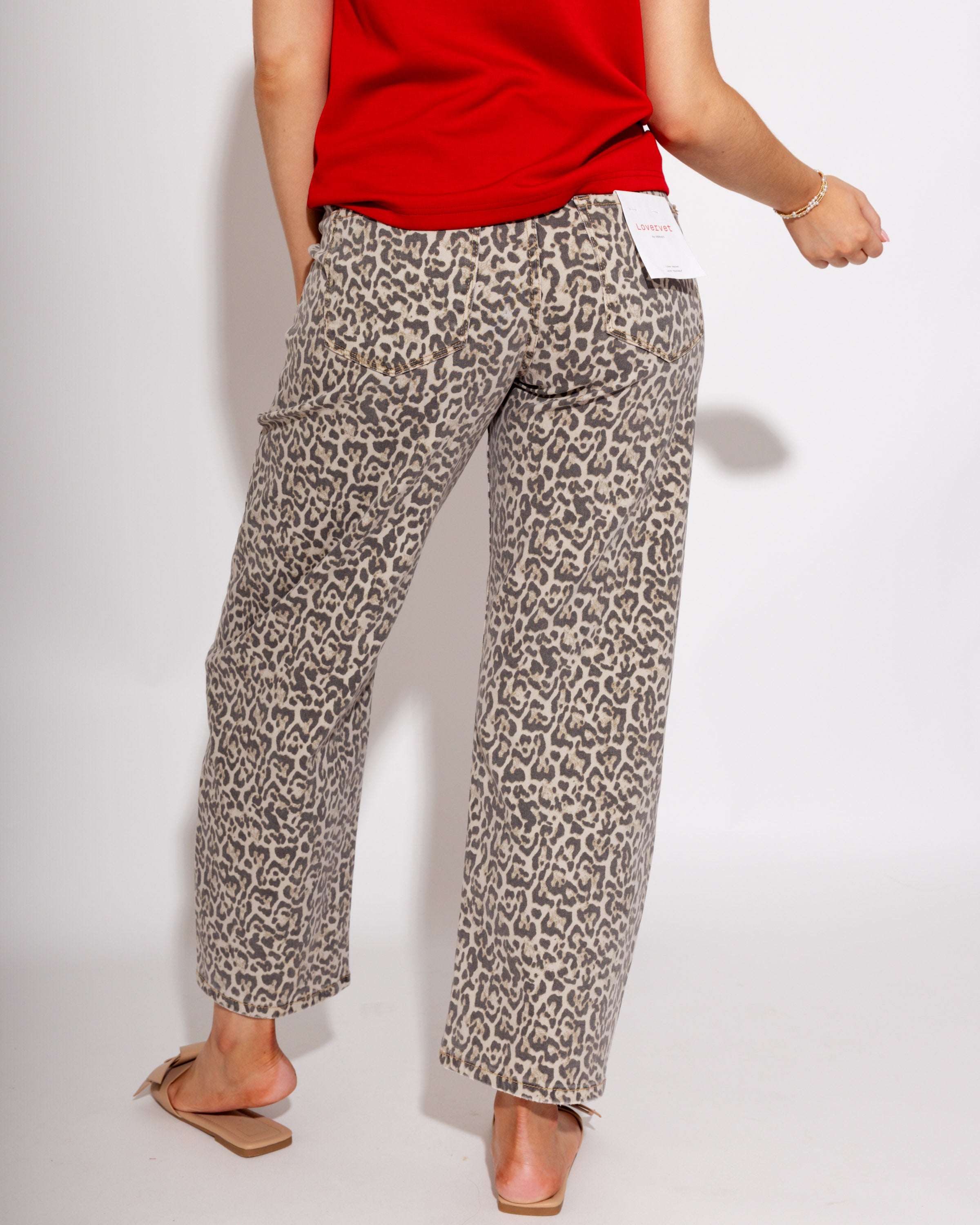 Vervet leopard barrel jeans back view, boutique statement denim at Gaudie & Co
