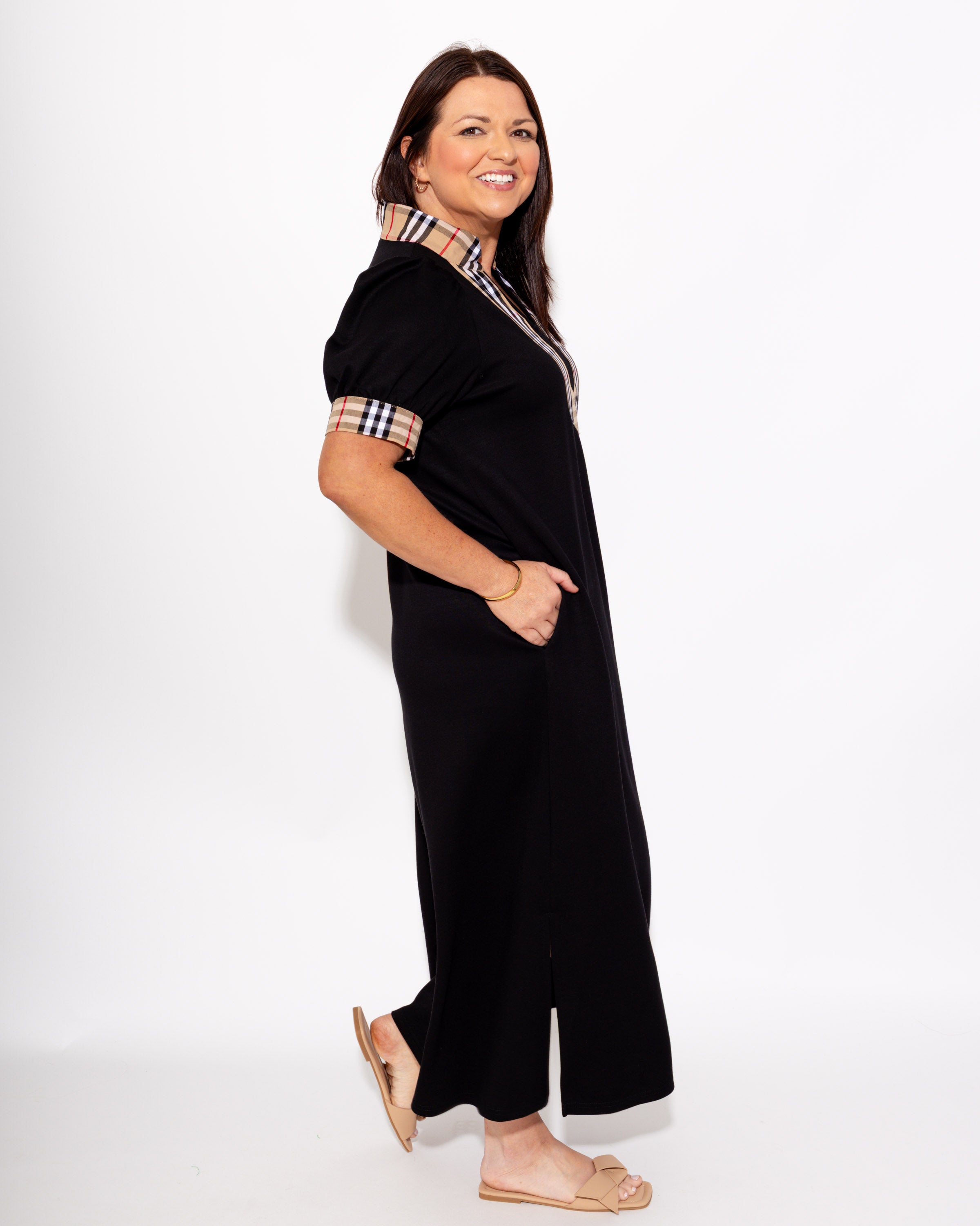 Elegant Check Contrast Midi Dress