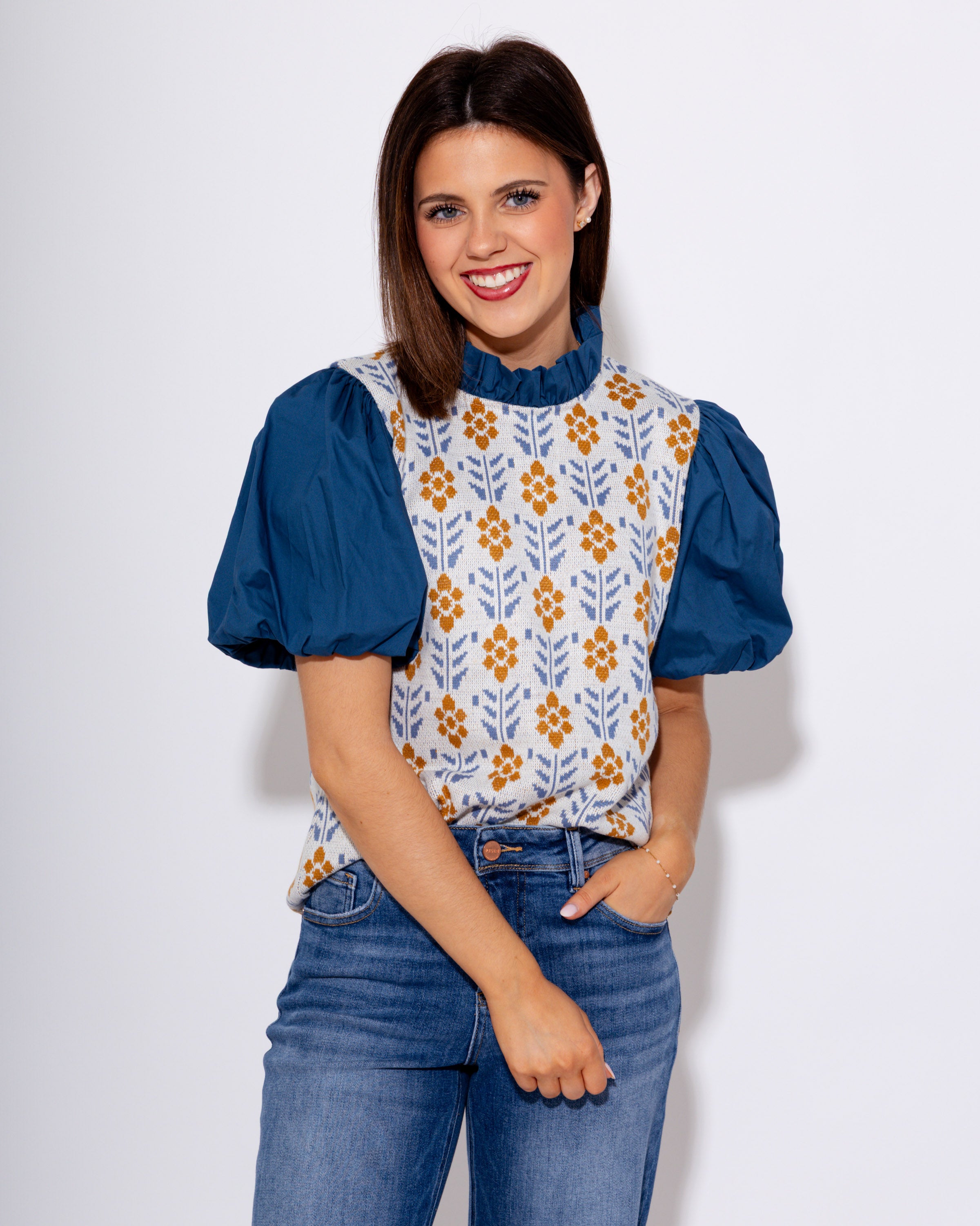 Mixed Media Puff Sleeve Floral Top