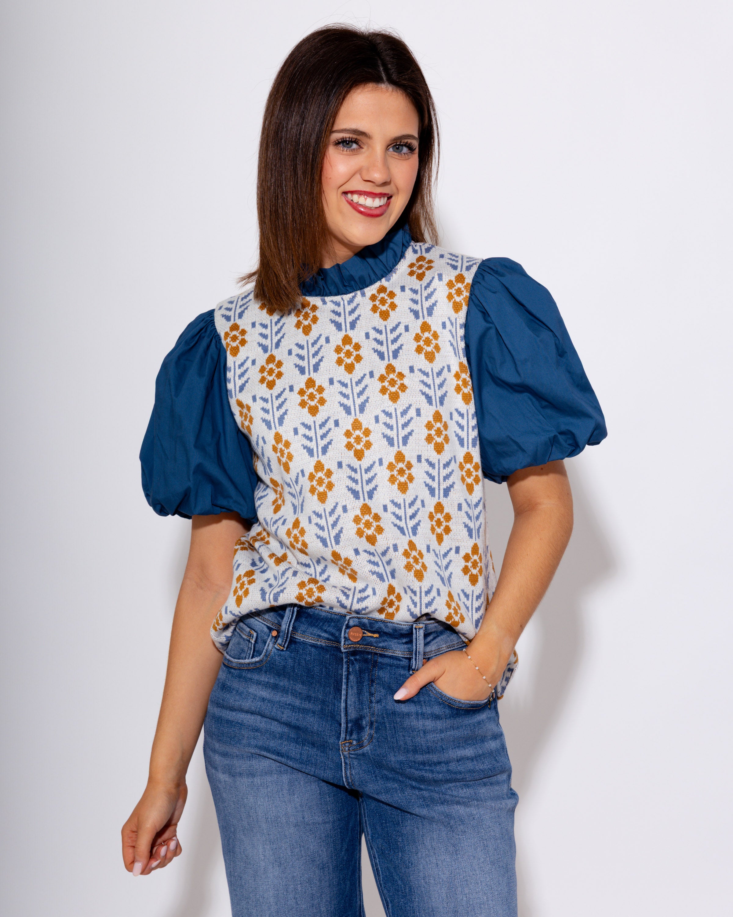 Mixed Media Puff Sleeve Floral Top