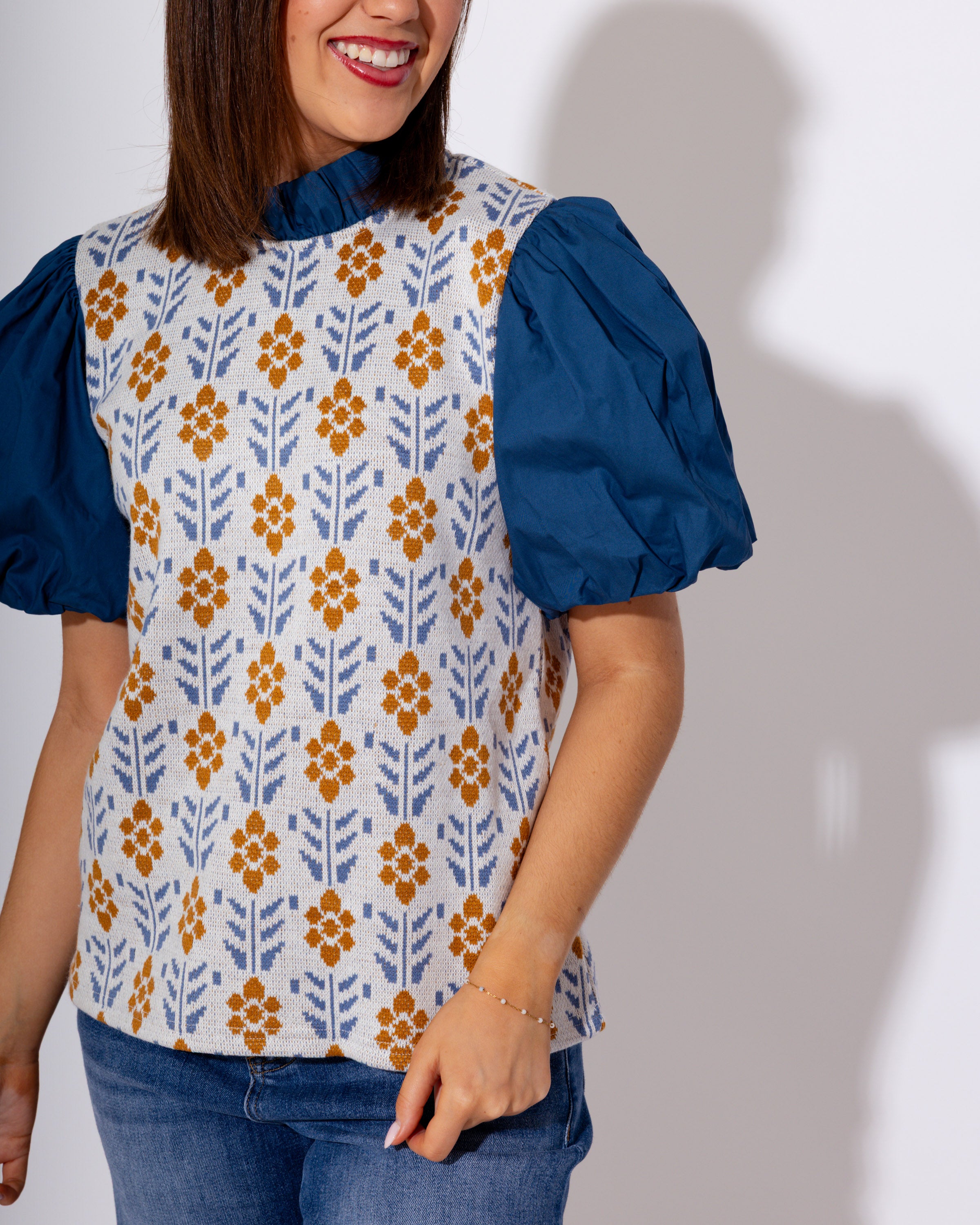 Mixed Media Puff Sleeve Floral Top