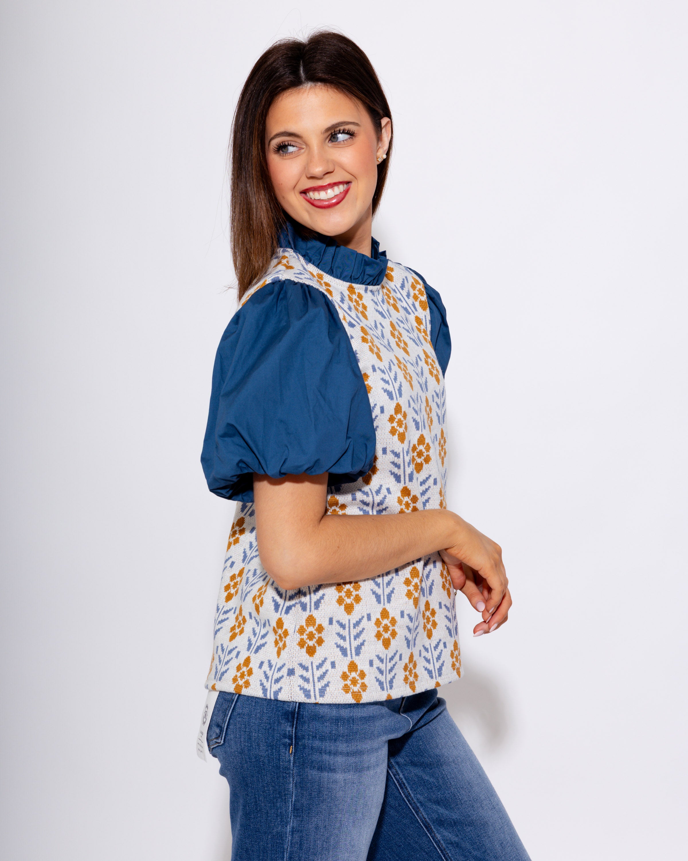 Mixed Media Puff Sleeve Floral Top