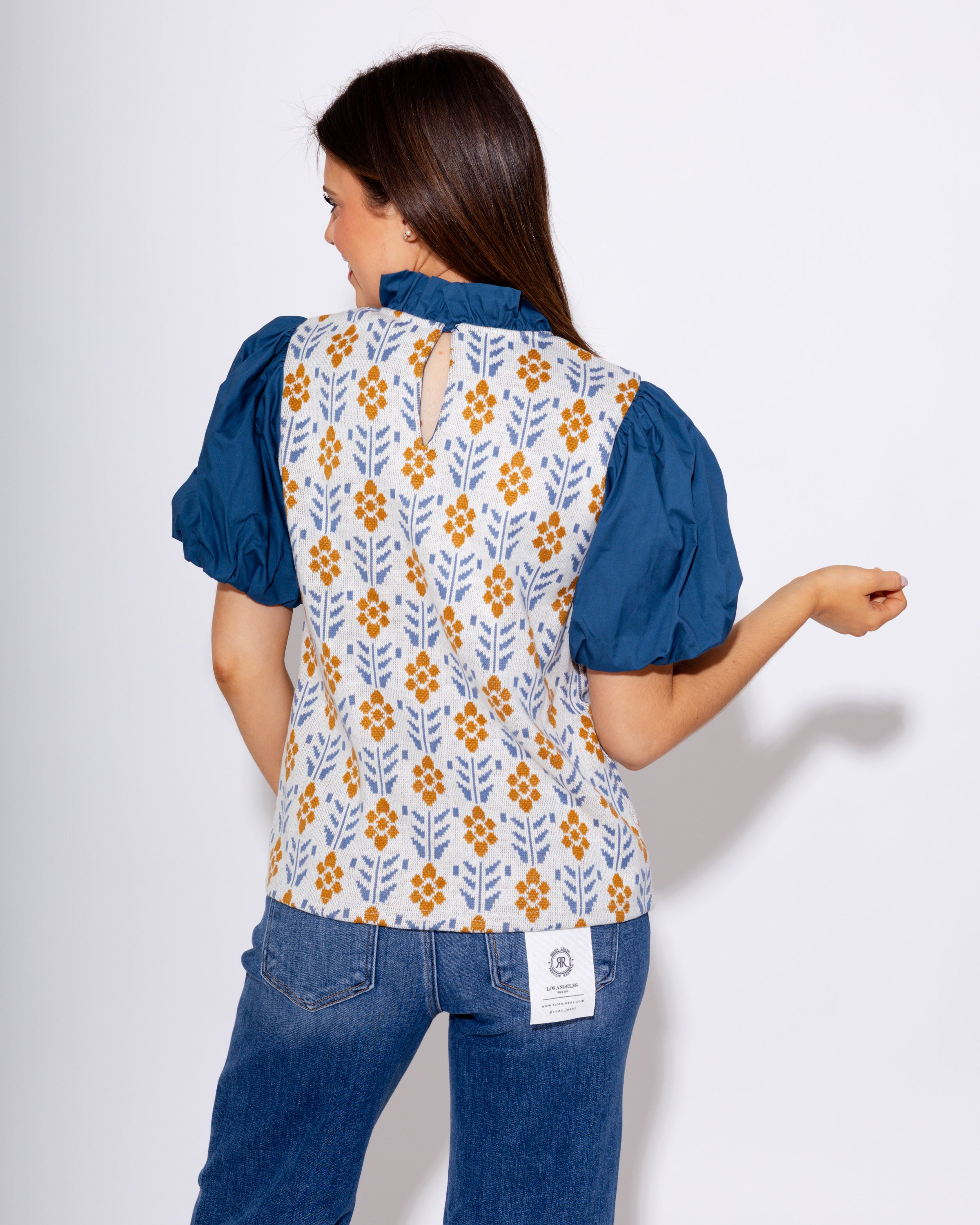 Mixed Media Puff Sleeve Floral Top