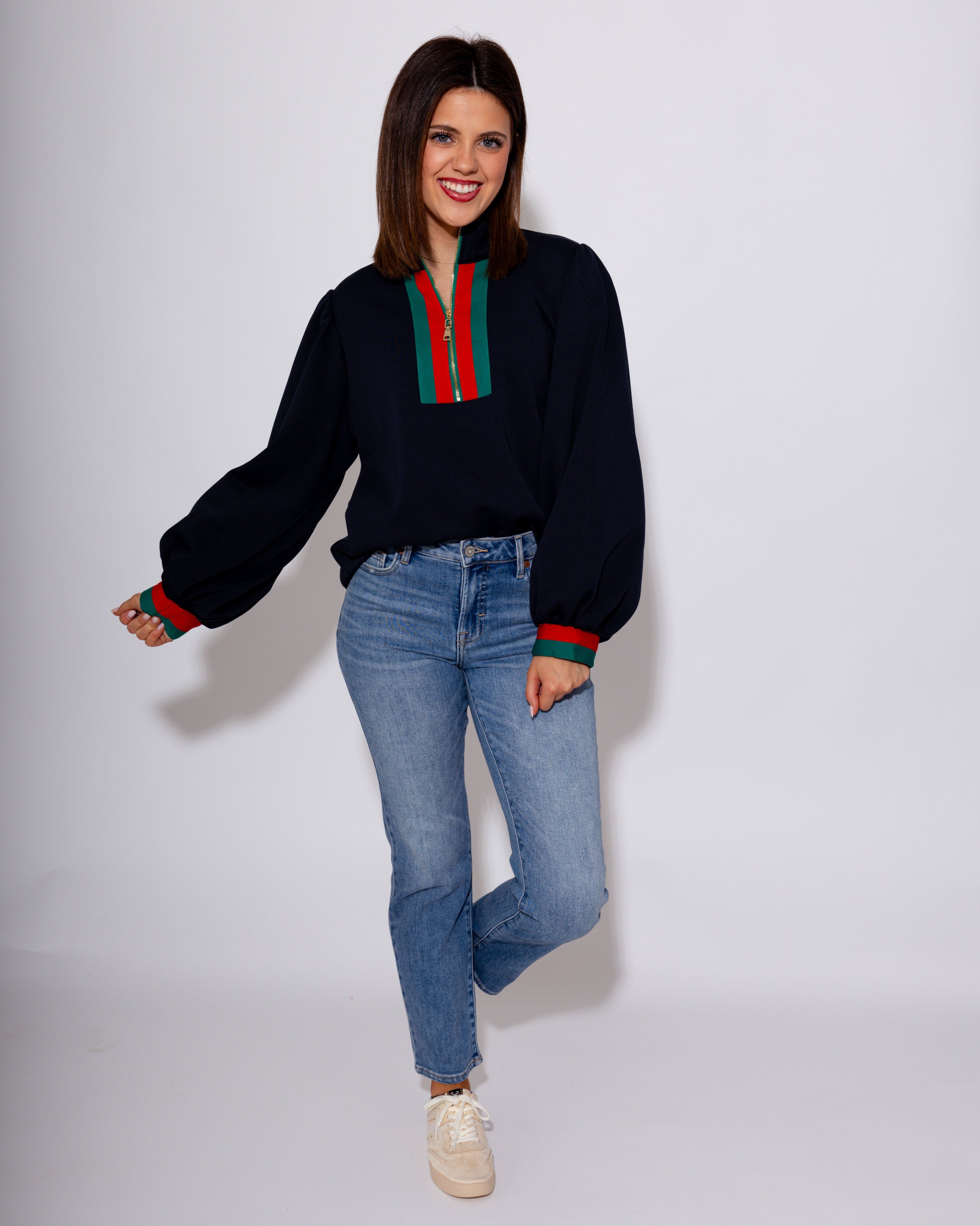 Color Band Accent Front Zip Top