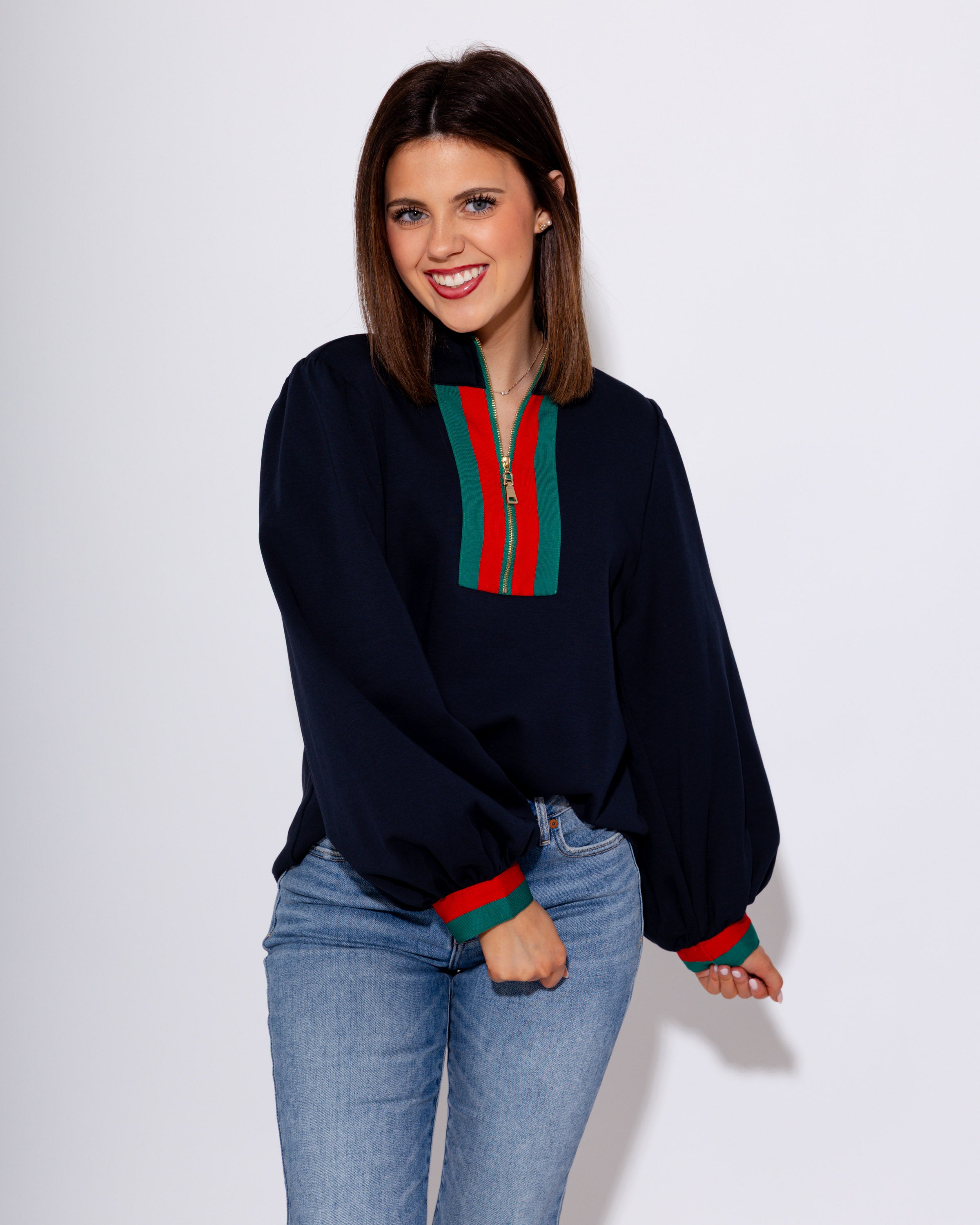 Color Band Accent Front Zip Top