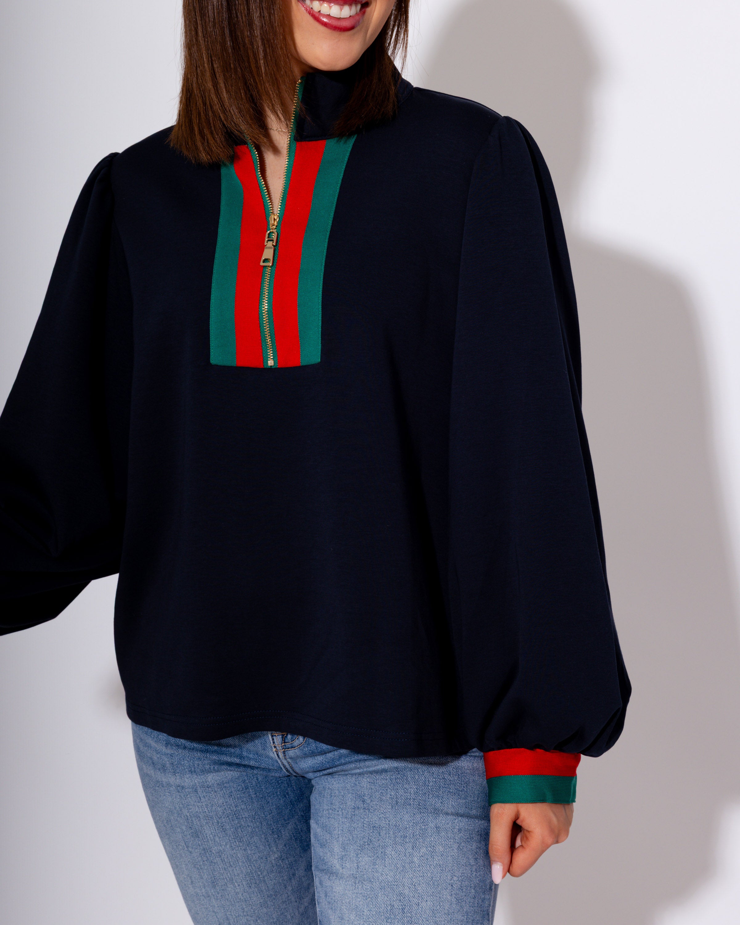 Color Band Accent Front Zip Top