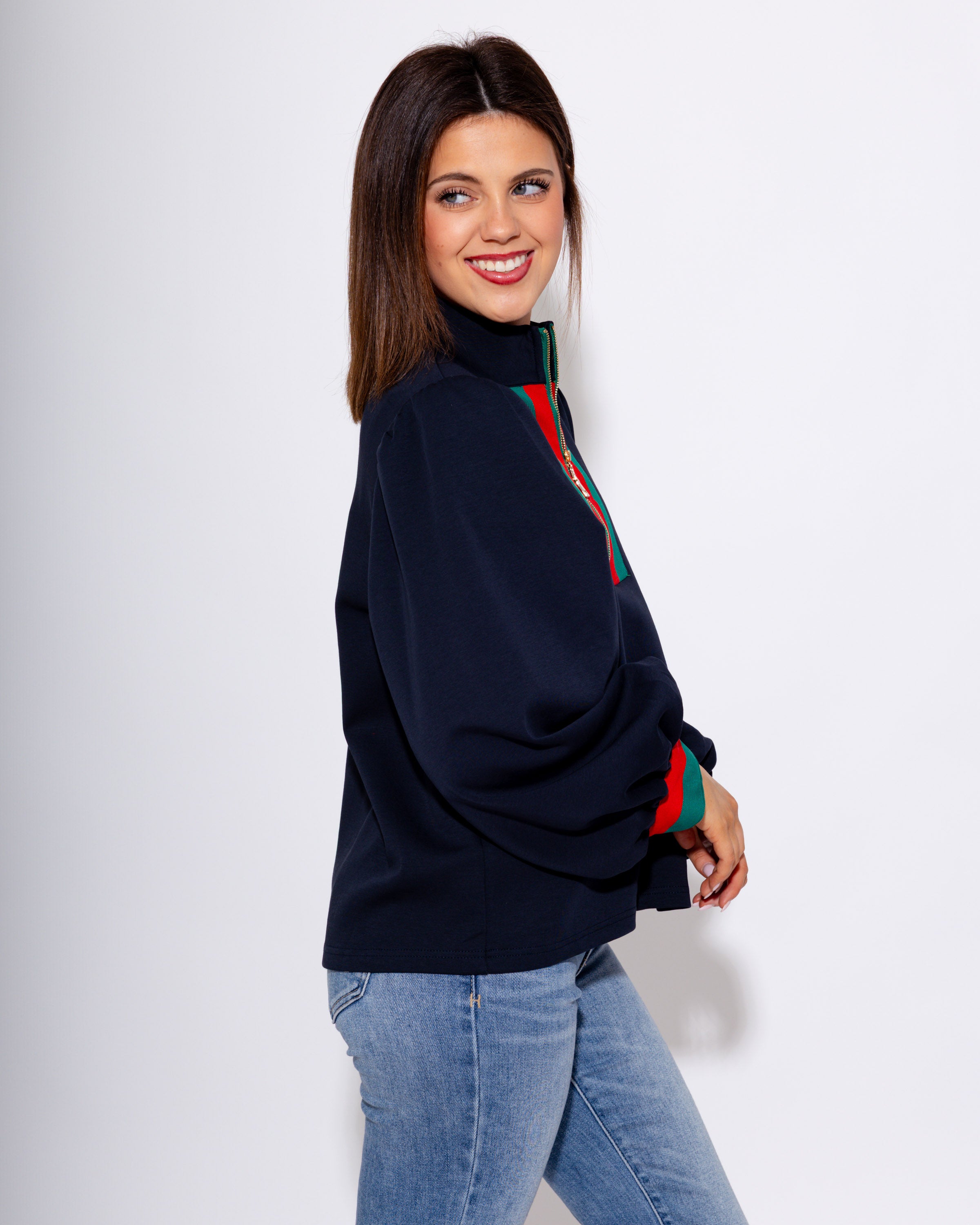 Color Band Accent Front Zip Top