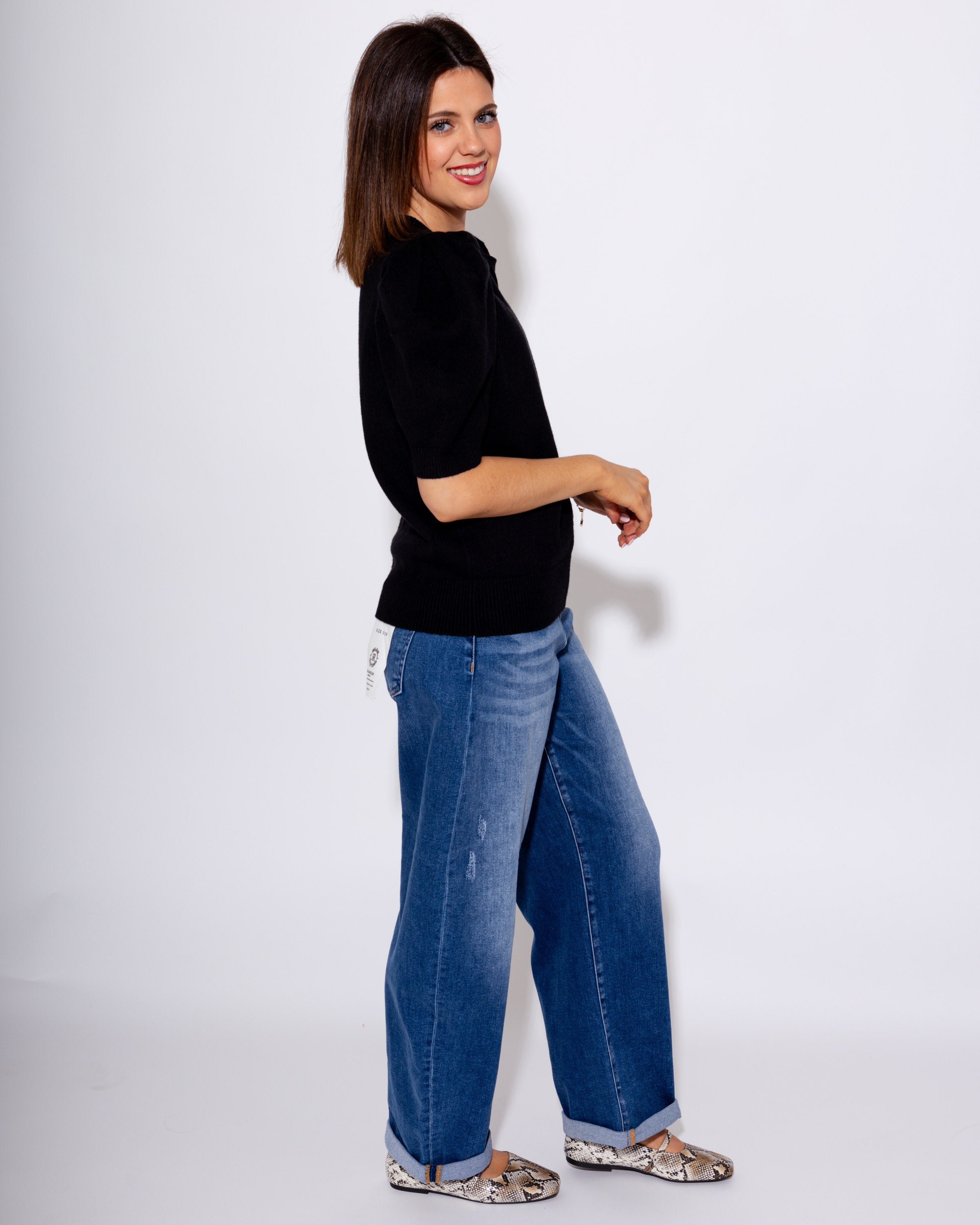 Mid Rise Barrel Double Roll Up Jeans in Dark