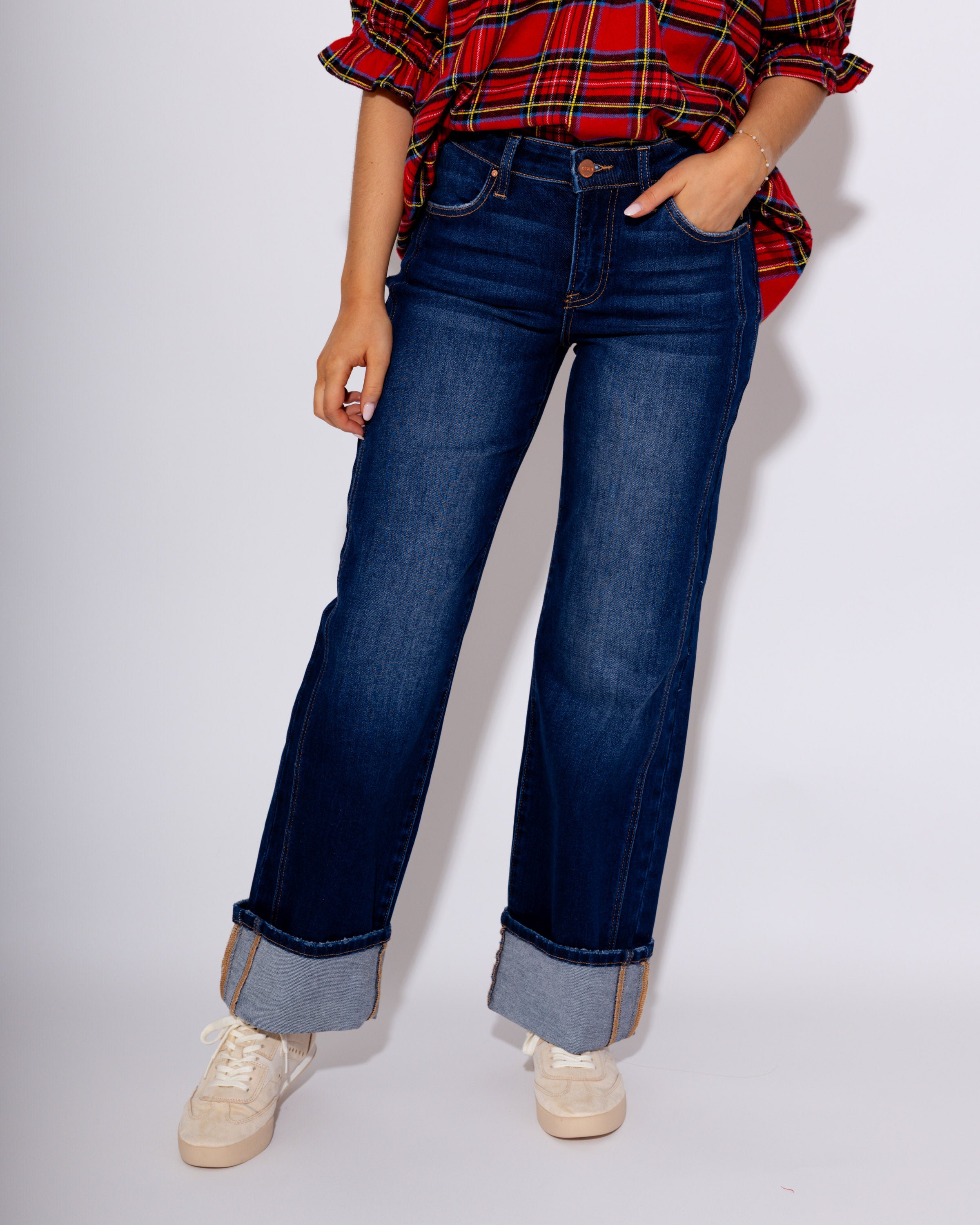 Mid Rise Cuffed Anke Straight Jeans