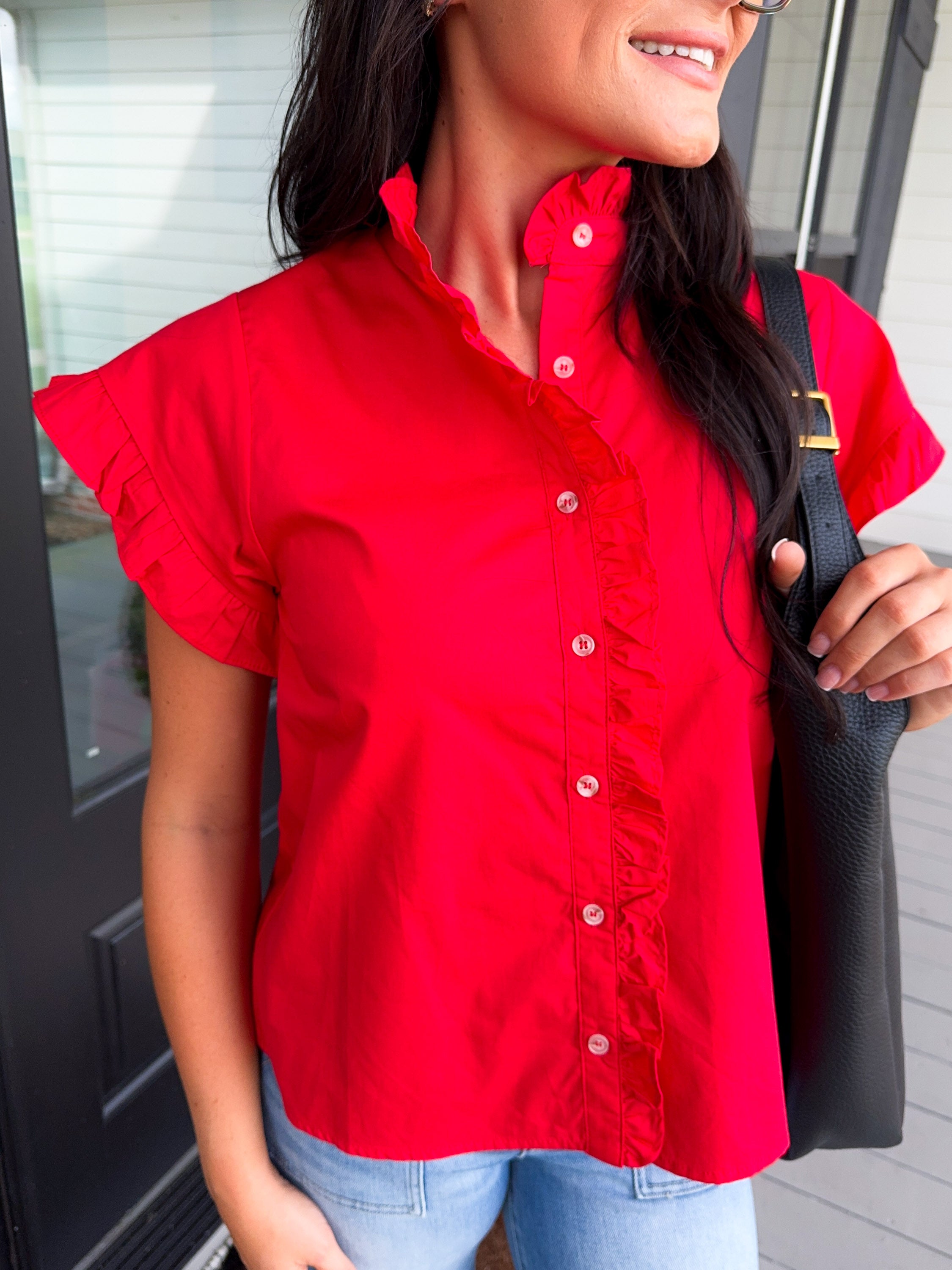 Drop Shoulder Ruffle Top in Red