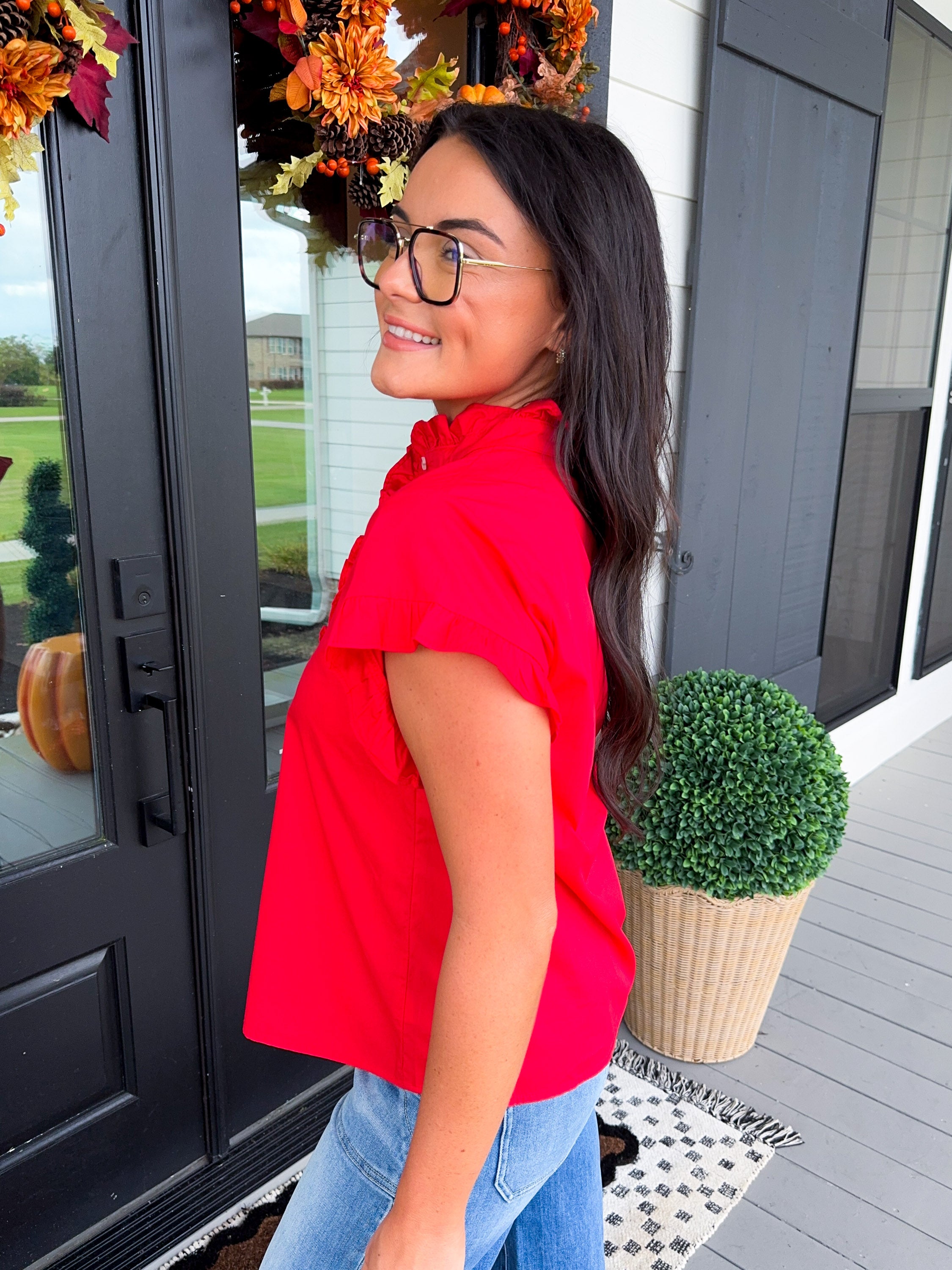 Drop Shoulder Ruffle Top in Red