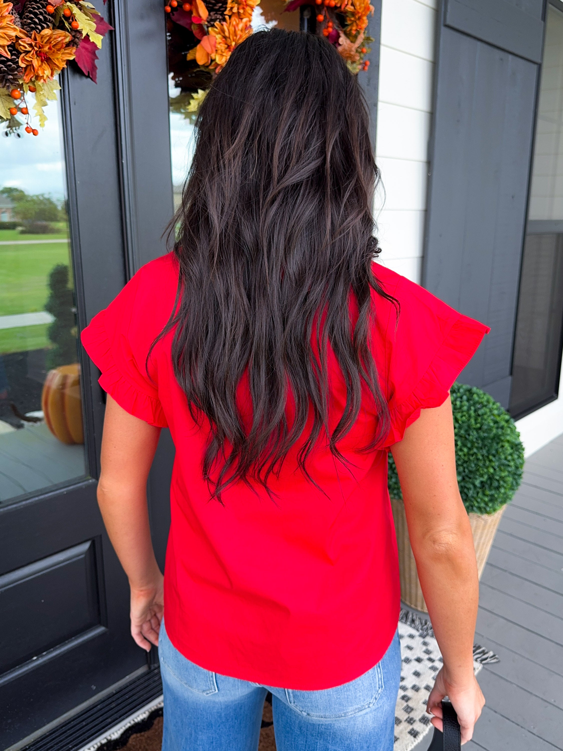 Drop Shoulder Ruffle Top in Red