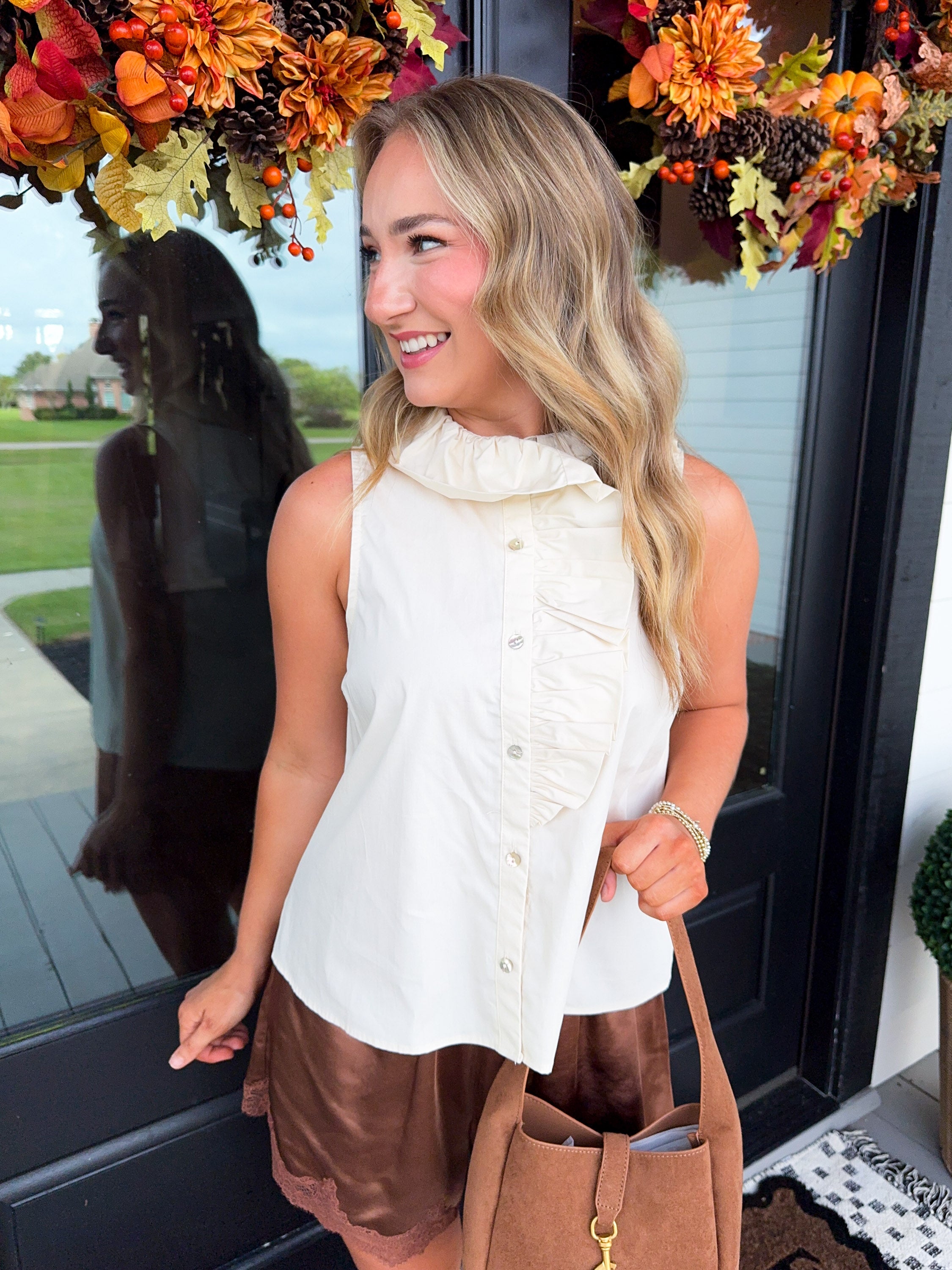 Ruffle Front Top in Ecru