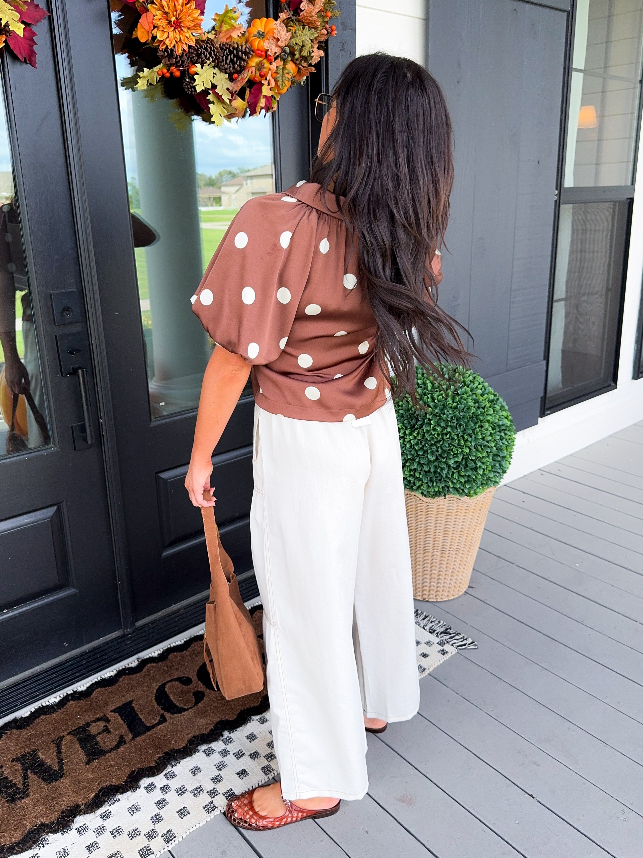 Polka Dot Satin Button Up Top