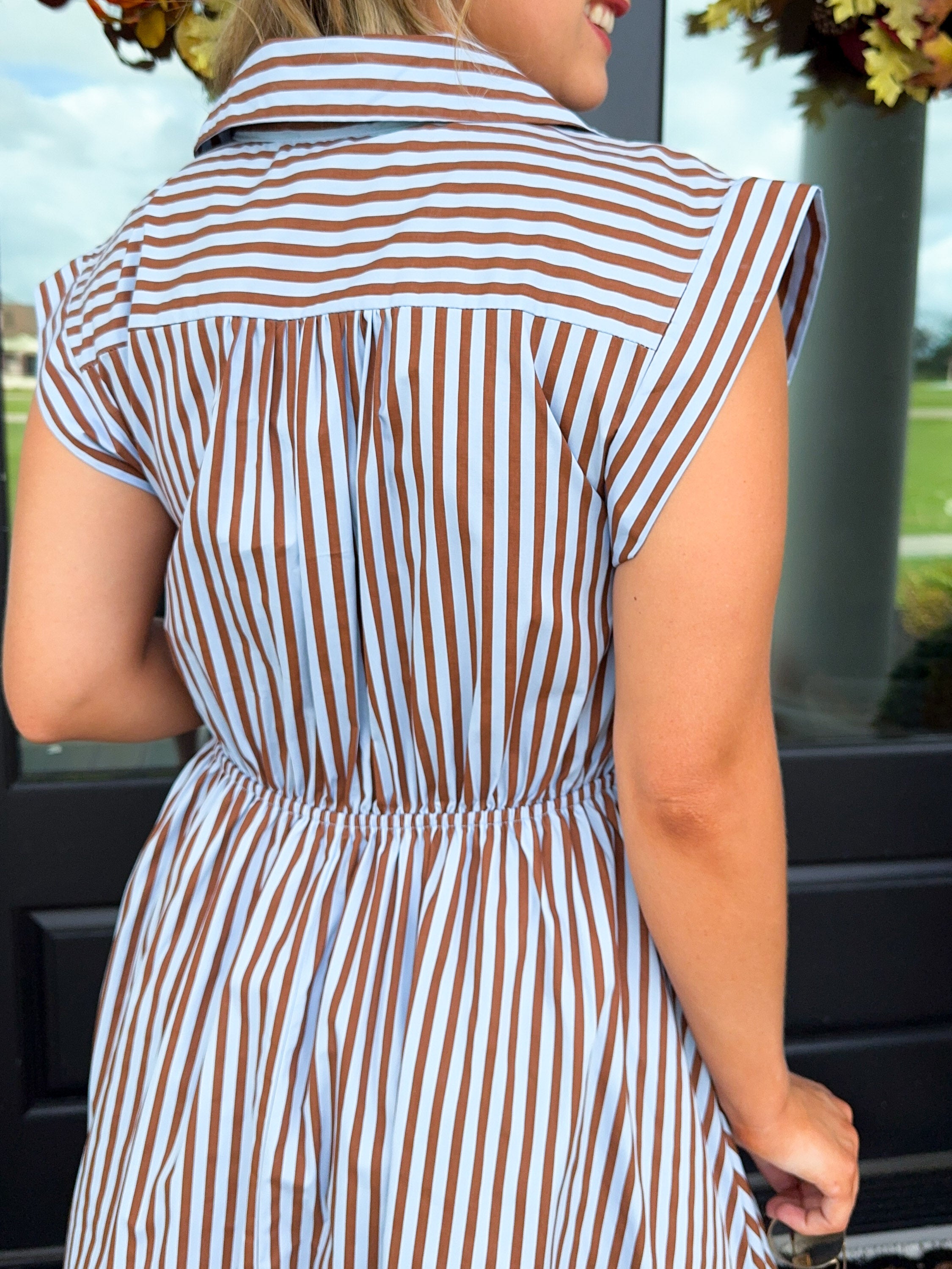 Striped Cap Sleeve Midi Dress in Blue Brown