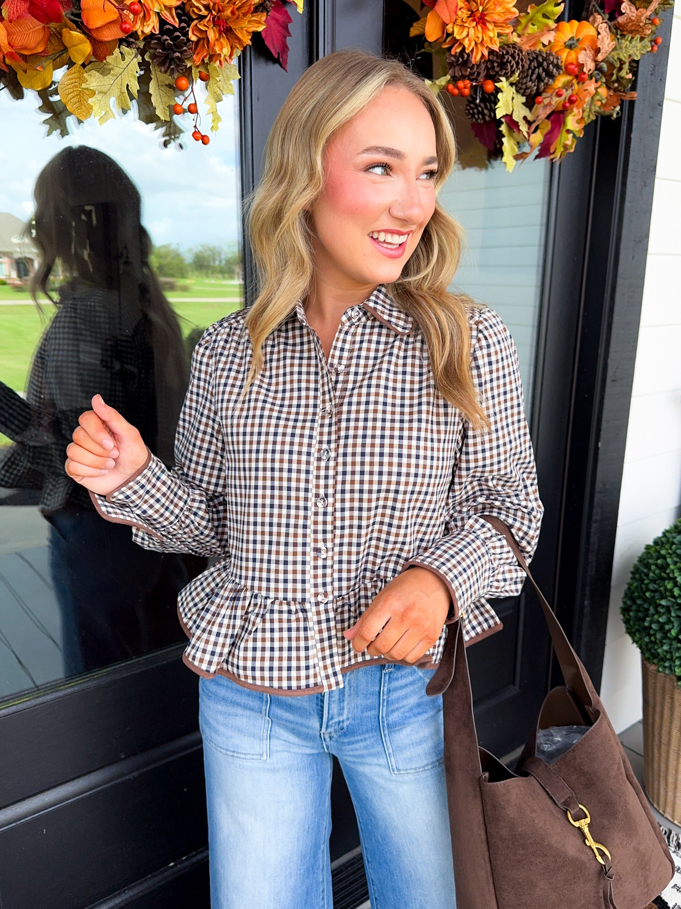 Plaid Ruffle Hem Button Up Top
