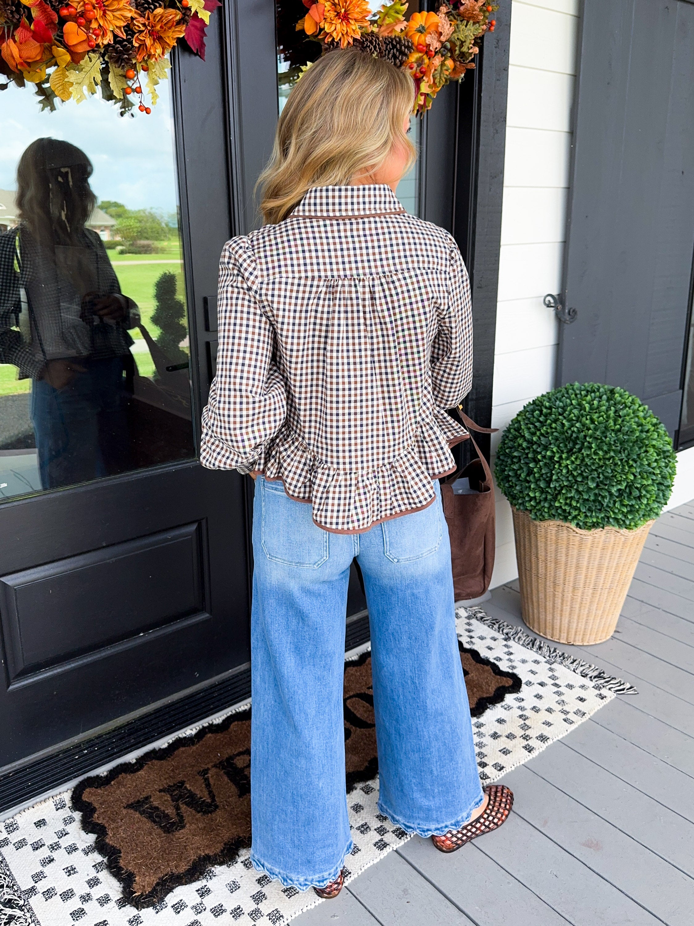 Plaid Ruffle Hem Button Up Top