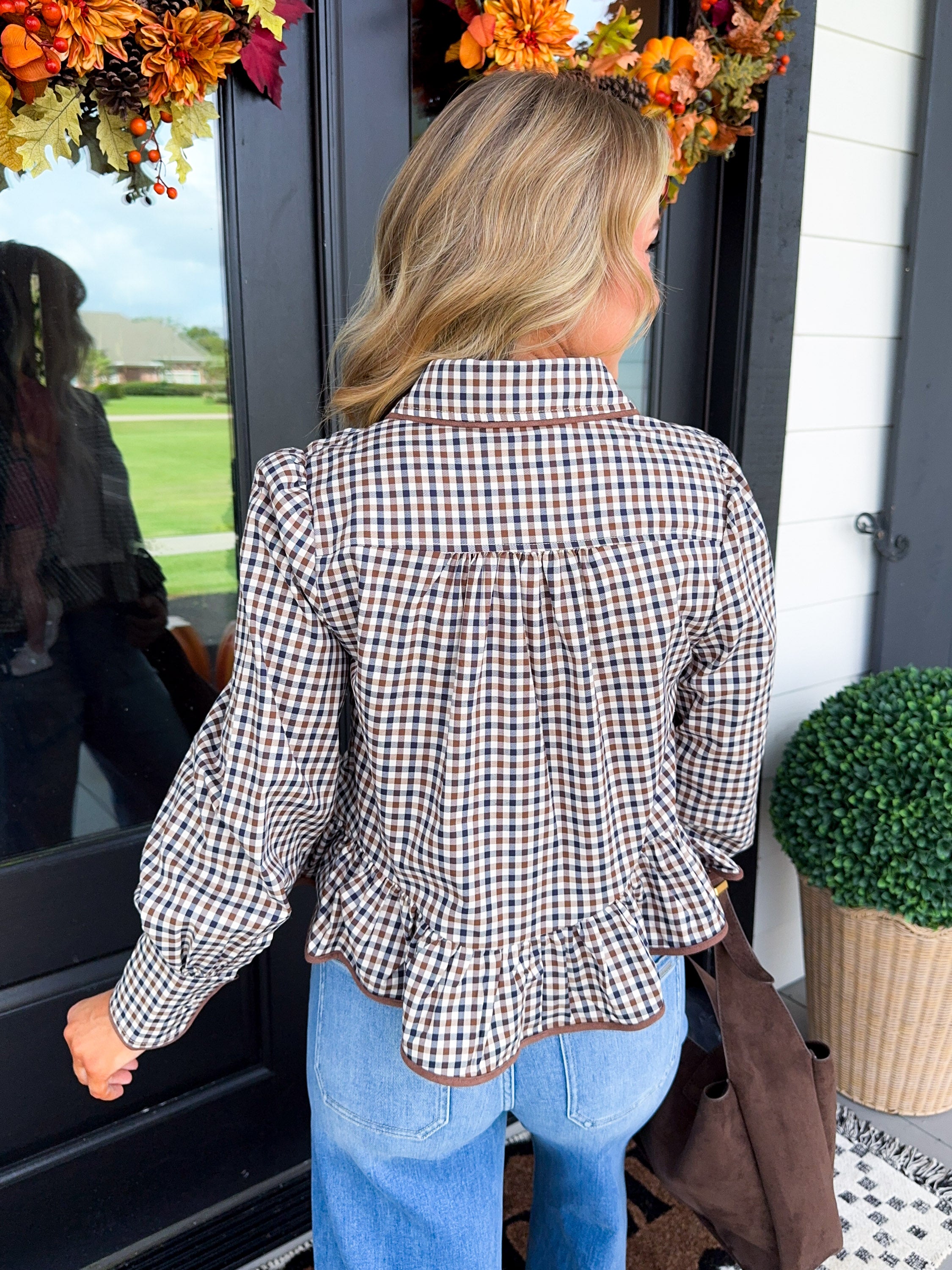 Plaid Ruffle Hem Button Up Top
