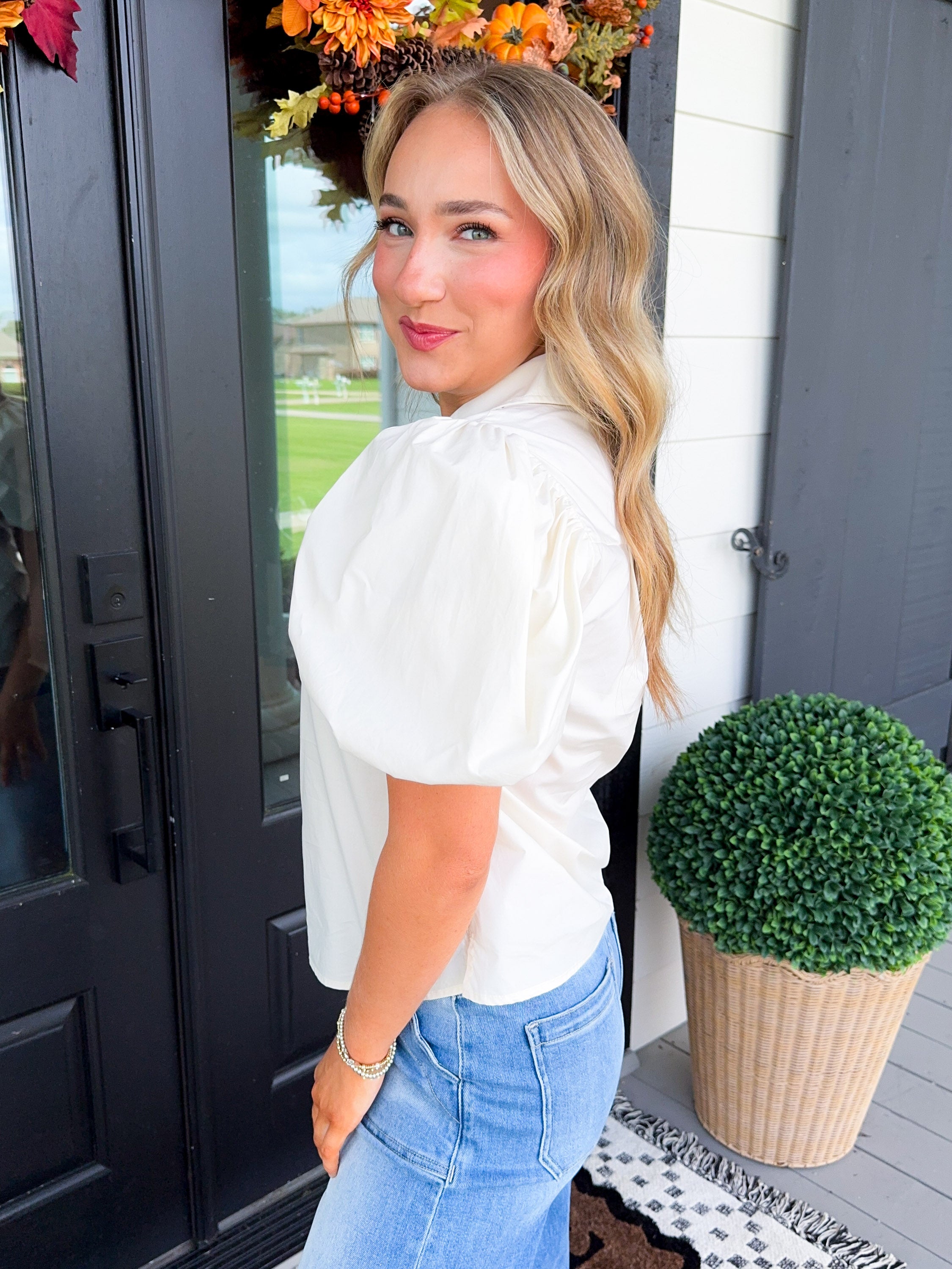 Shirred Detail Bubble Sleeve Top in Milk